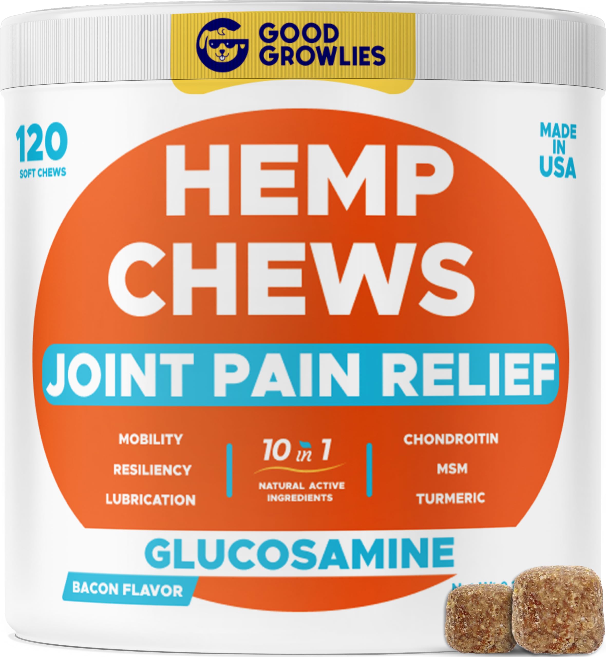 Hemp Hip & Joint Supplement for Dogs Glucosamine, Chondroitin, MSM, Turmeric, Hemp Seed Oil & Hemp Protein for Joint Pain Relief & Mobility 120 Soft Chews Bacon Flavor