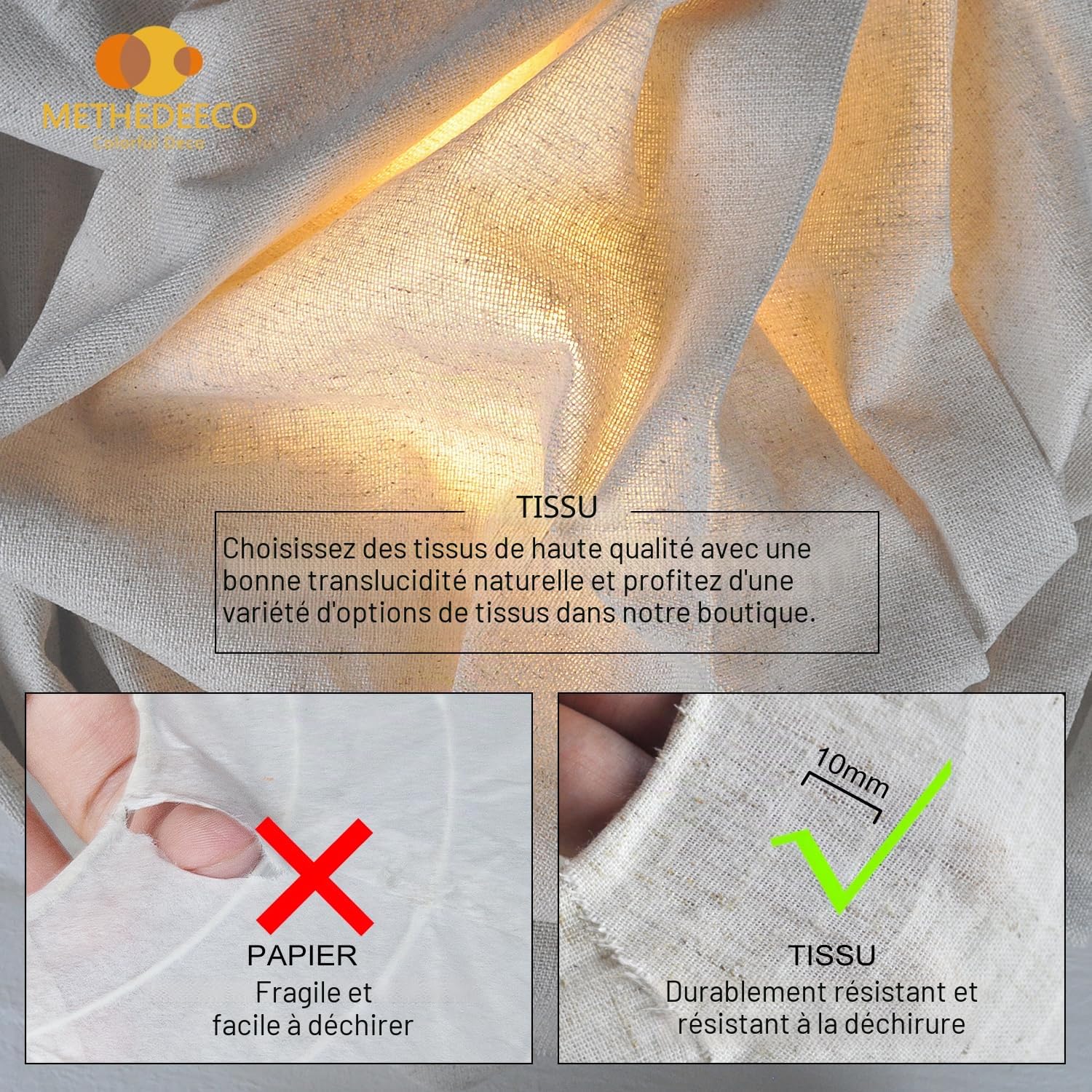 METHEDEECO Abat-jour ovale en lin 50 cm, abat-jour suspendu en tissu fait main pour salon, chambre et salle à manger, style bohème japandi minimaliste, ampoule non incluse