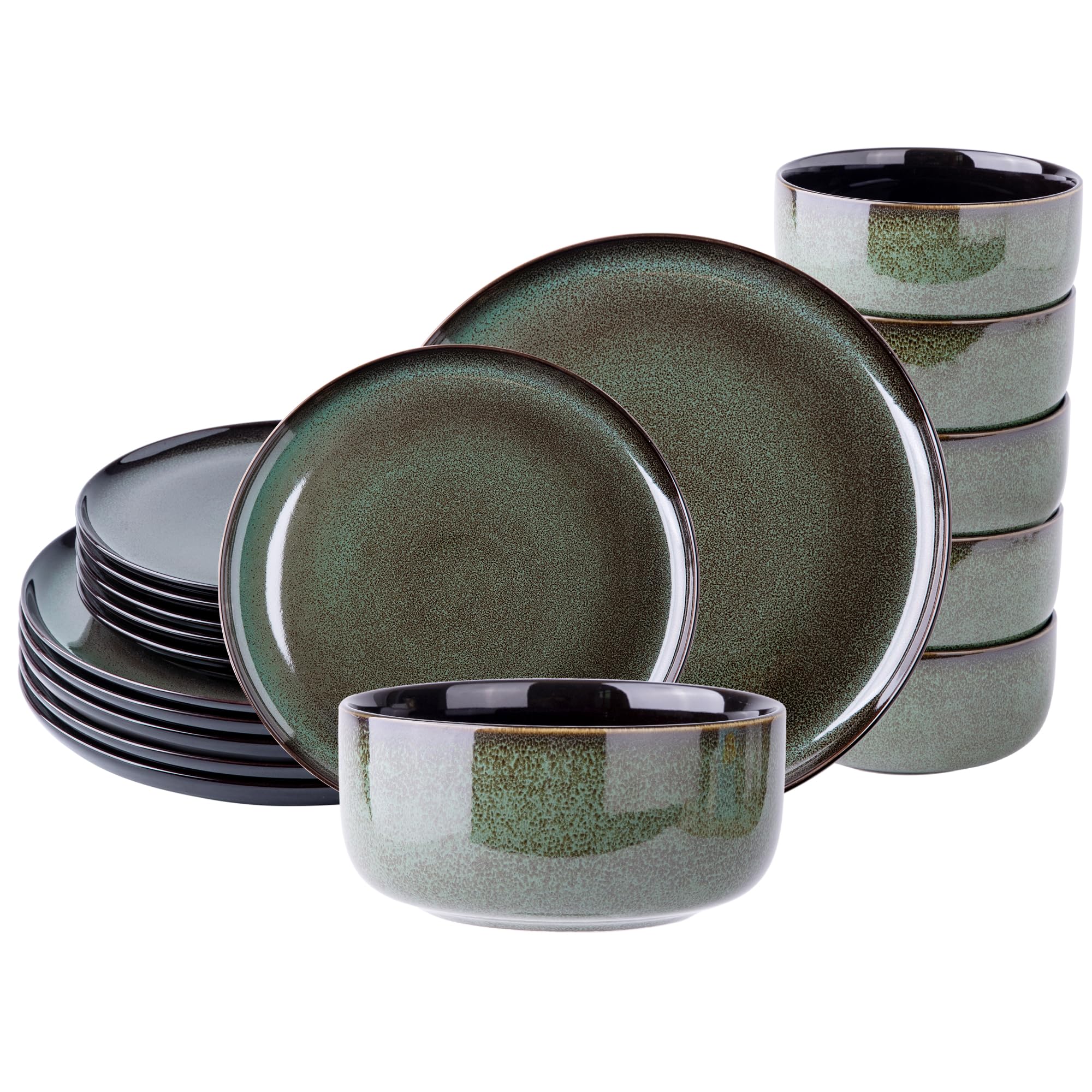 LeRatio Ceramic Dinnerware Sets for 6,Porcelain Plates and Bowls Sets,Handmade Reactive Glaze Dishes Set,Chip Resistant and Scratch Resistant | Oven&Dishwasher & Microwave Safe-Green(18PCS)