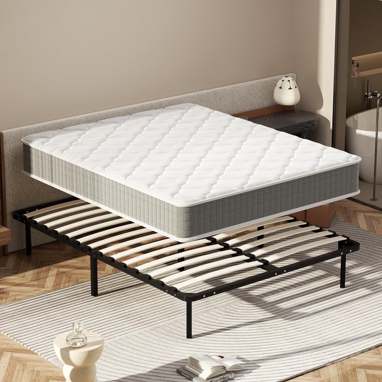 DEWINNER Letto Completo con Materasso in Schiuma 160x190 cm(22 cm di Spessore)- Struttura 35 cm di Altezza (Gambe 32 cm) - Doghe con 7 Gambe e 13 Doghe in Pioppo - Struttura Stabile e Facile da Mont