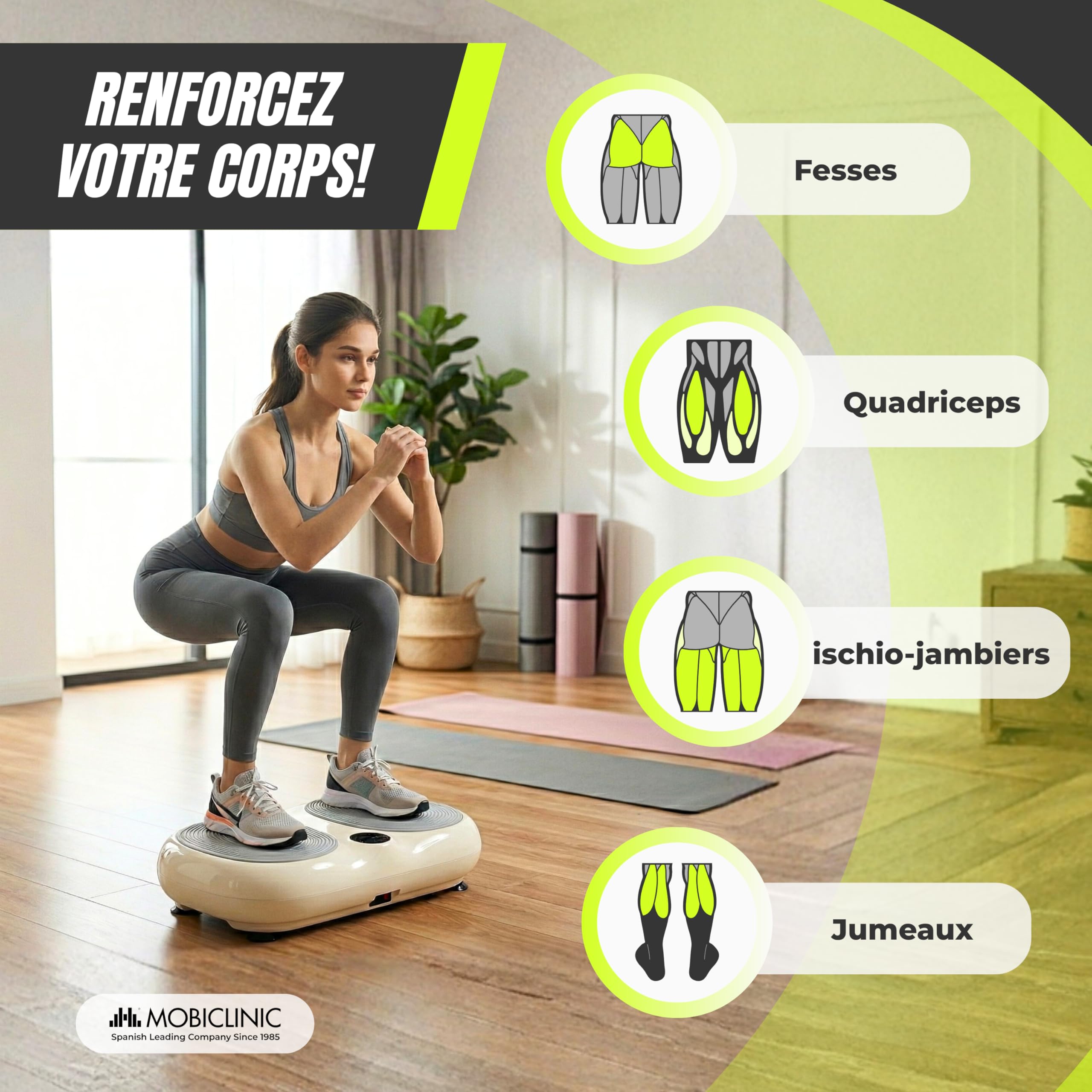 Mobiclinic Plateforme Vibrante 200W 99 Niveaux 9 Programmes Entraînement Jusqu'à 150kg