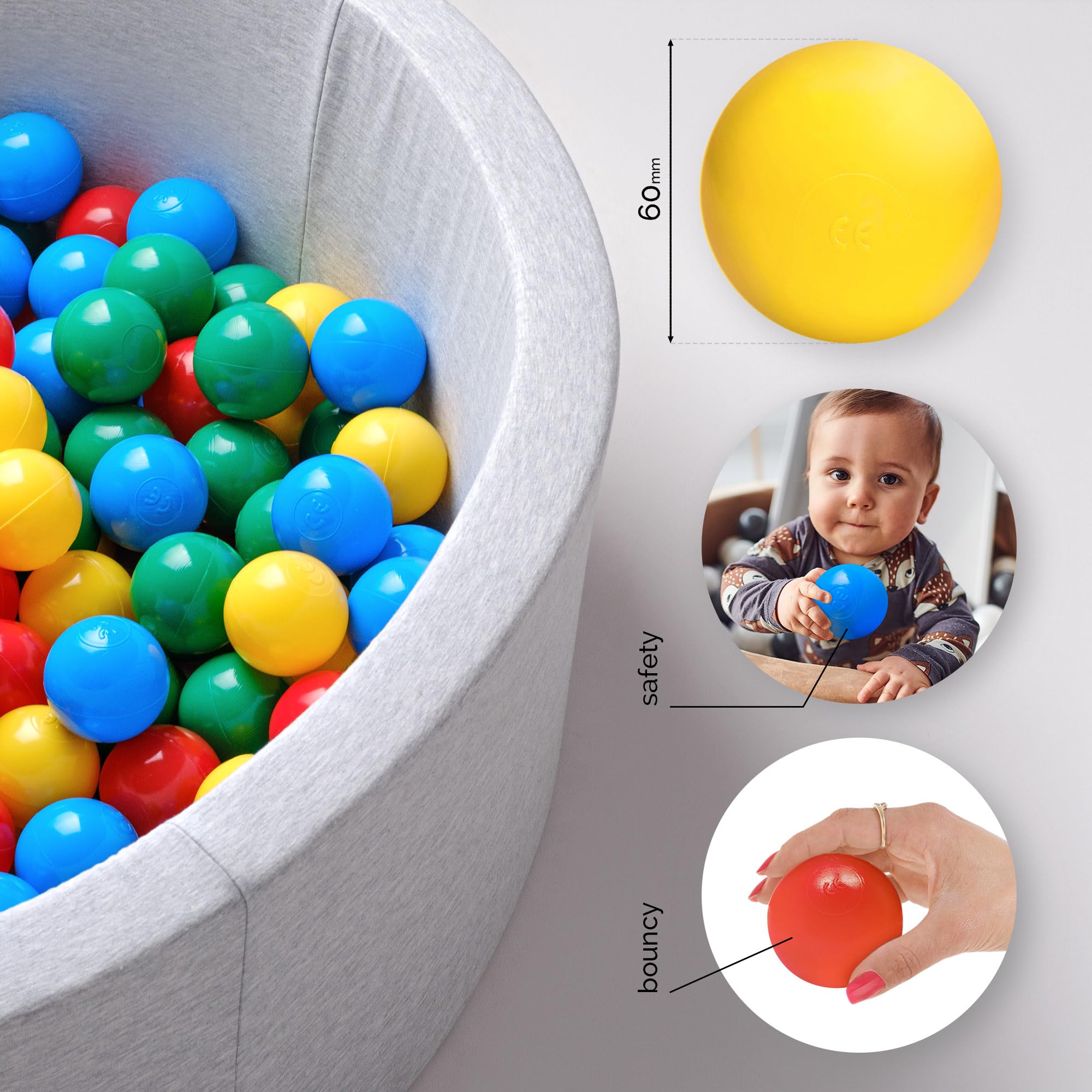 MISIOO Palline da bagno per palline, 500 pezzi, multicolore, diametro 6 cm, palline di plastica realizzate in 100% LDPE, giocattolo per bambini, rosso, verde, blu, giallo