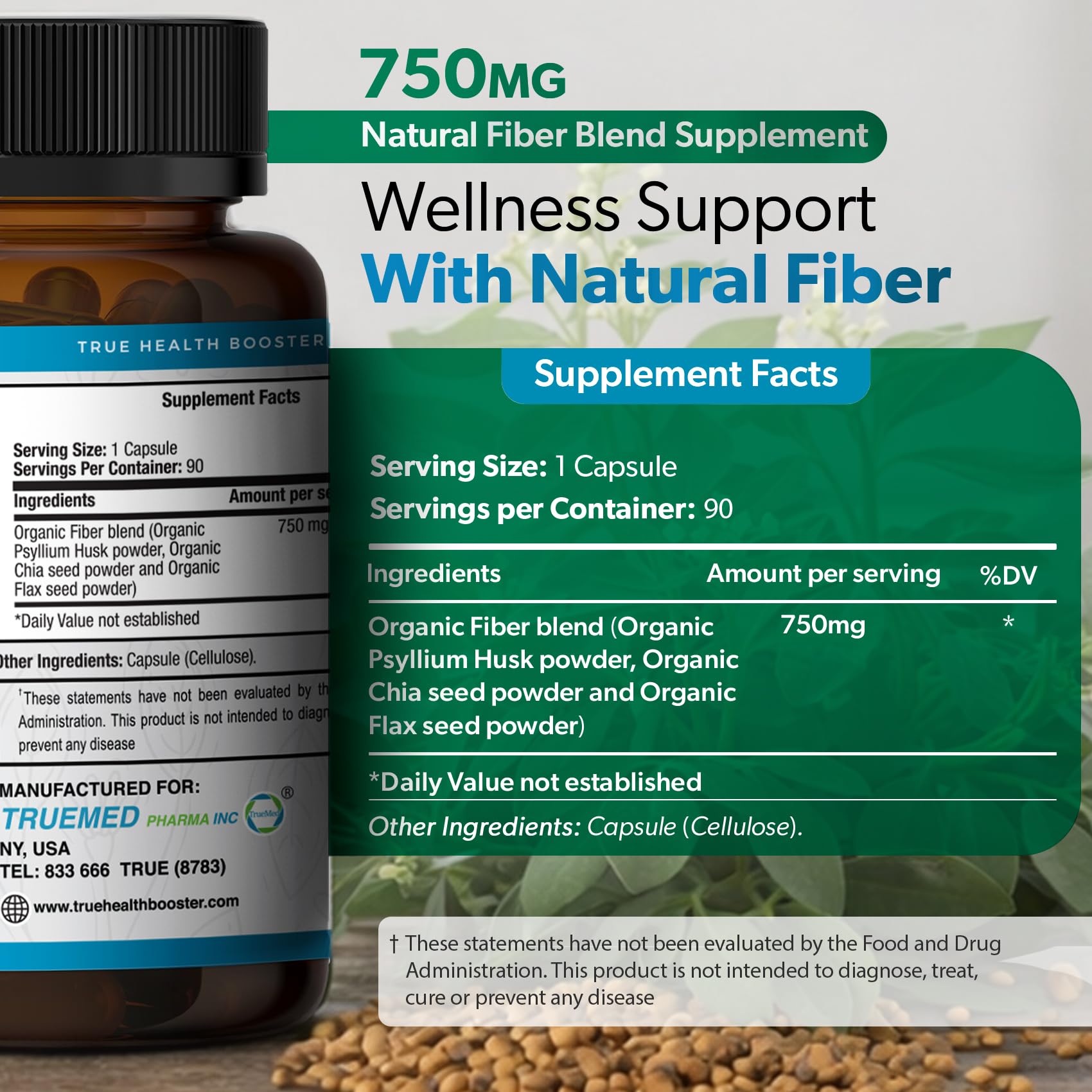 Organic Fiber Supplement 750mg, Supports Digestive Health, 90Veg Capsules — Amazon image 3