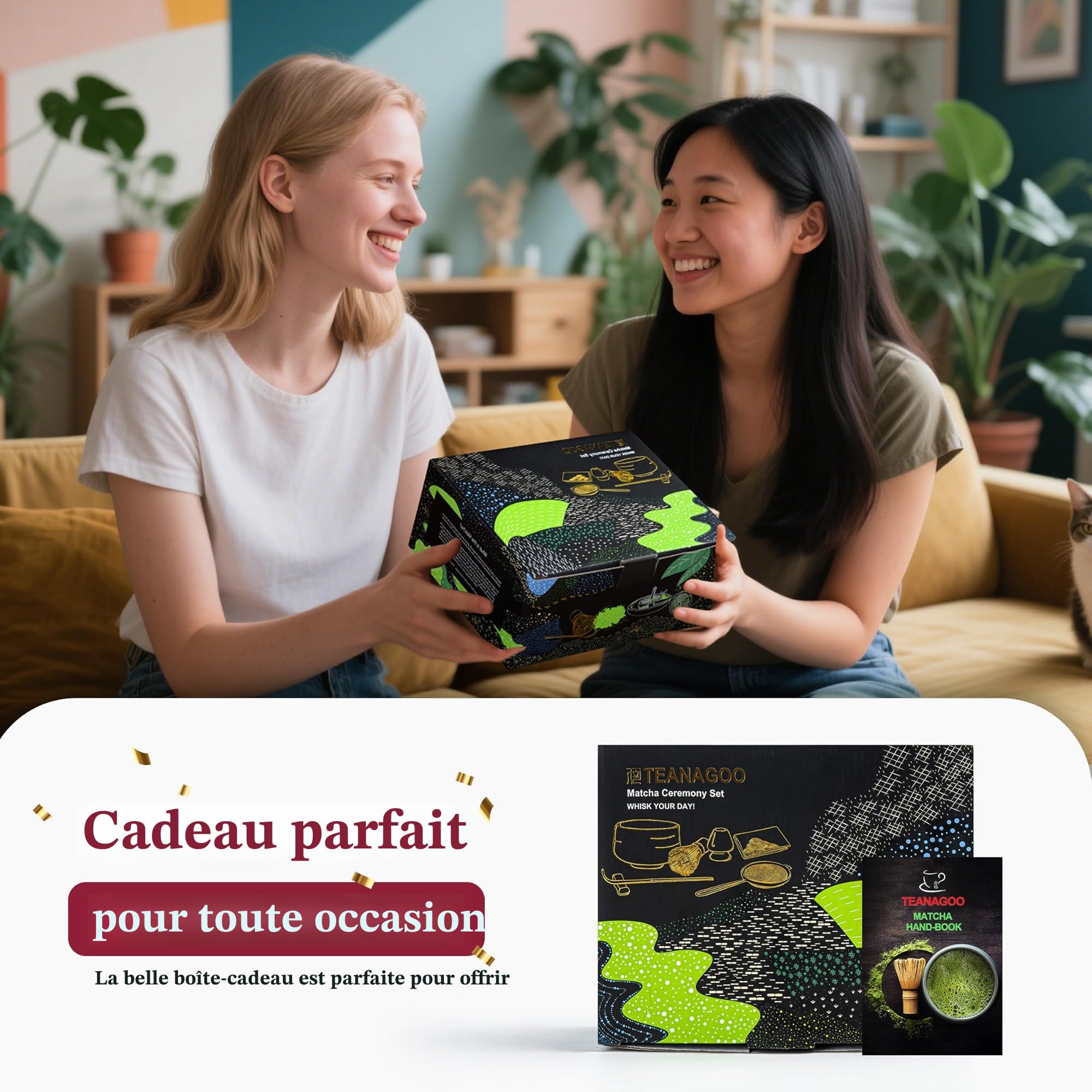 TEANAGOO Kit Matcha 7 pièces, Matcha Set-Bol à matcha avec bec verseur, Fouet à Matcha en Bambou (Chasen), Pelle (Chashaku), Service à thé, (Gris Plus Foncé)
