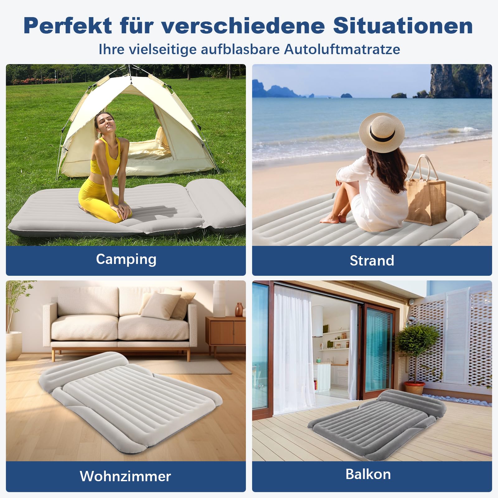 KMZ SUV Luftmatratze Dickere Doppelseitige Beflockung Camping Matratze – Tragbares Bewegliche Schlaf-Auto-Bett – Bequeme Aufblasbare Reisen Luftbett mit Elektrische Luftpumpe und 2 Kissen