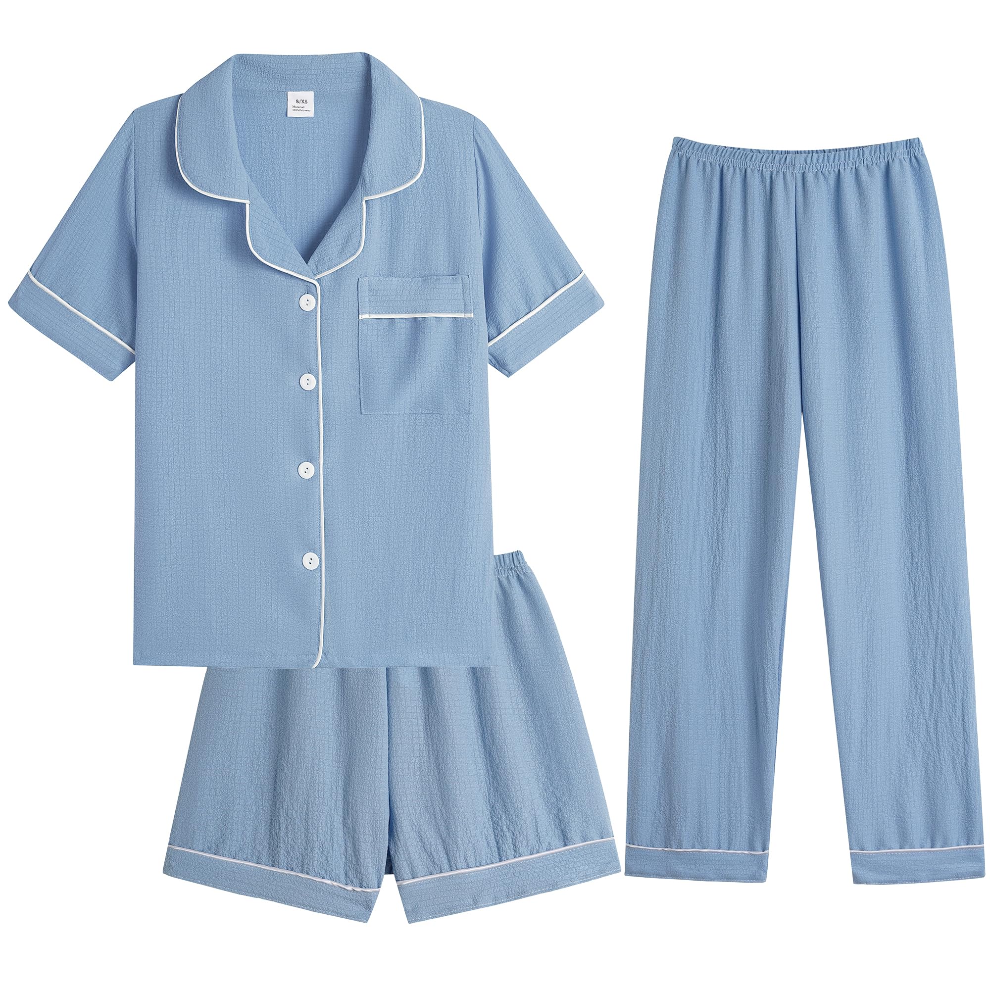 Hupohoi Big Girls Button Down Pajama Set 3pcs Crepe Fabric Sleepwear Nighty