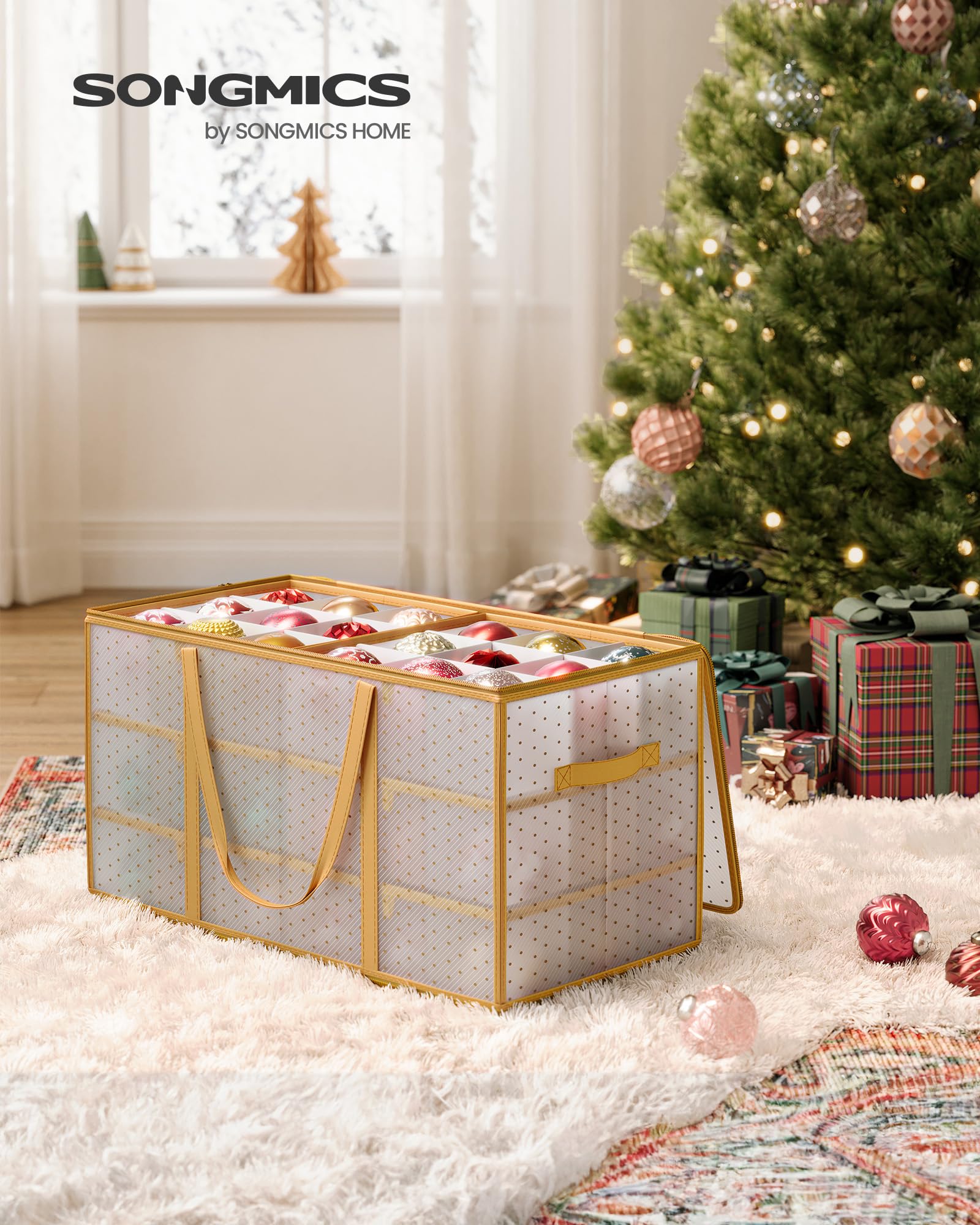 SONGMICS Contenitore per Palline di Natale, 54 Scomparti da 10,2 cm, Scatola Decorazioni Natalizie in Plastica con Coperchio, Doppia Cerniera Lampo, 6 Vassoi, Maniglie, Dorato Sabbioso RFB030A01