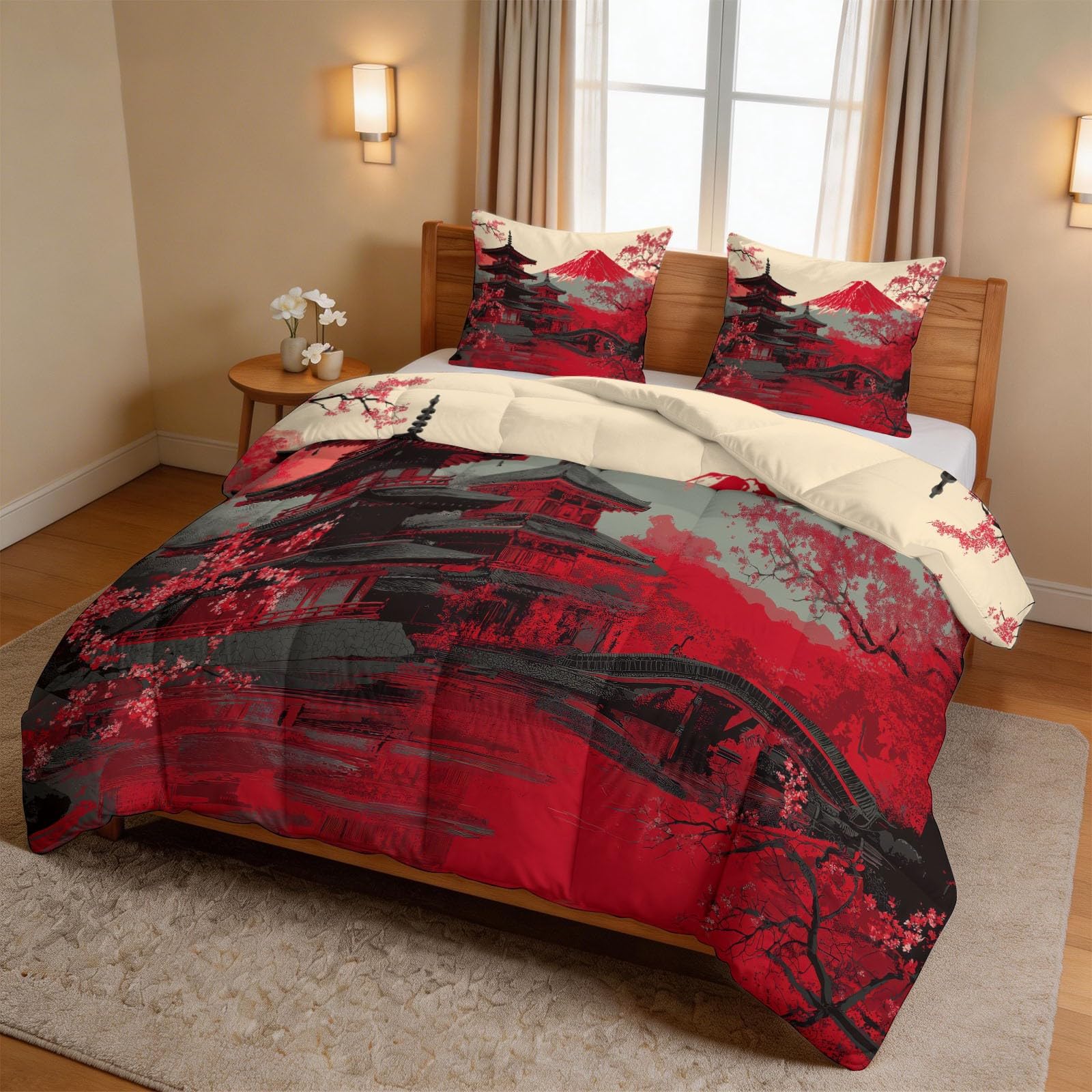Generisch Bettdecke 200 x 200 cm 4 Jahreszeiten, Japanisch Traditionell Vierjahreszeiten Steppdecke Floraler Fuji Baum Bogenbrücke See Weiche Ganzjahresdecke, Bettdecken für Jugendliche Erwachsene