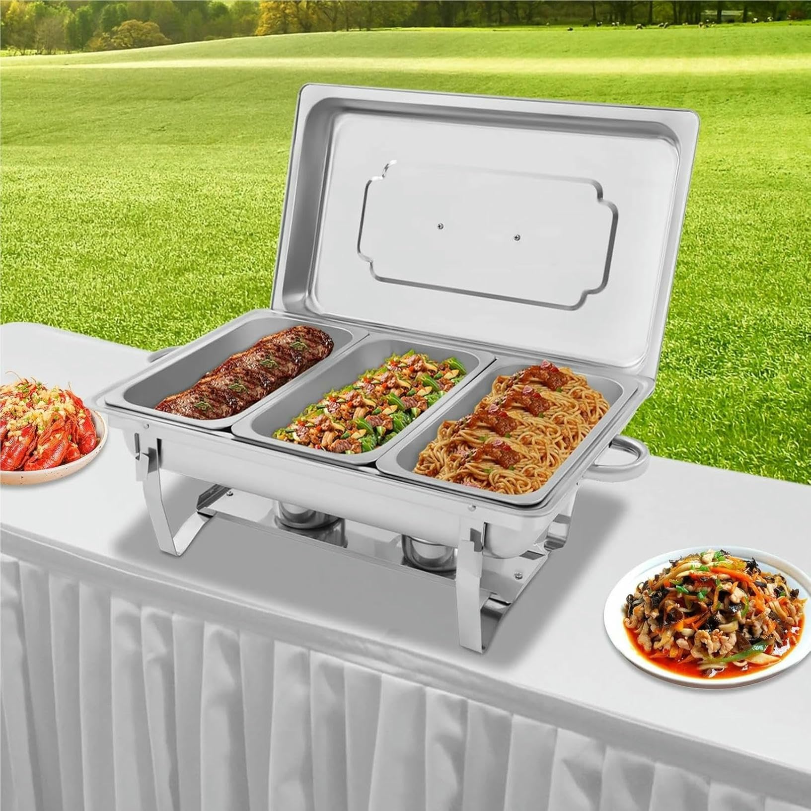 Juego de platos rectangulares de 3 compartimentos, bandeja para servir buffet con calefacción y refrigeración para fiestas, reuniones y banquetes, calentador de alimentos duradero y elegante