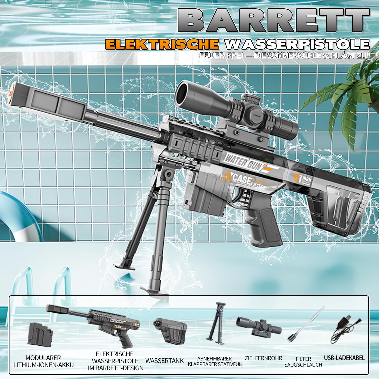 Maxee Pistola ad acqua elettrica, pistola a spruzzo automatica con un pulsante, per bambini, adulti, piscina, feste, spiaggia all'aperto, colore nero
