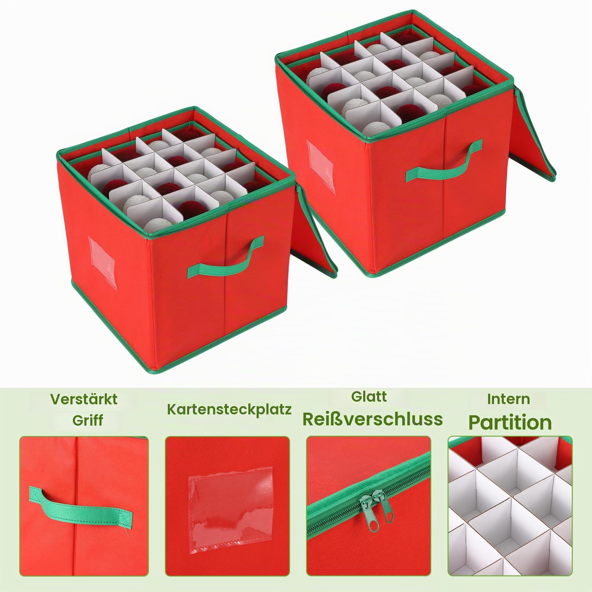 2er Set Weihnachtsdeko Aufbewahrung, Weihnachtskugel Box Mit Herausnehmbaren Tabletts, Doppel-Reißverschluss, Reißfestem Vliesstoff – Lagert Bis Zu 128 Christbaumkugeln, Rot