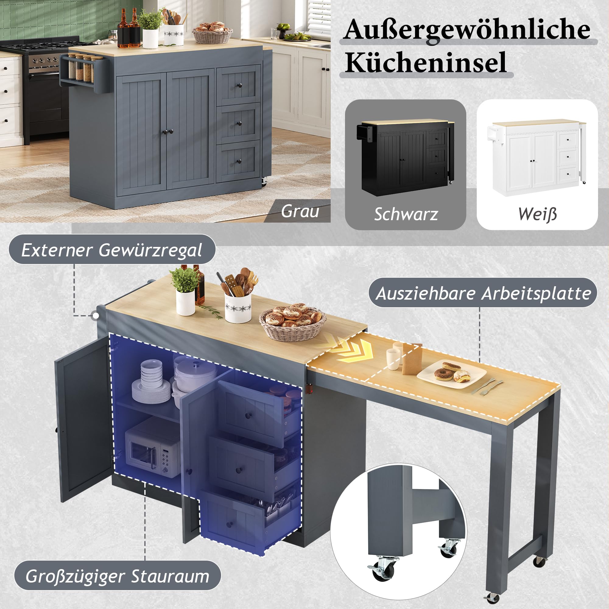 Kücheninsel Freistehend auf Rollen, Mobile Küchenwagen mit Ausziehbarer Essbereich, küchenschrank mit Gewürzregal und Schubladen für Küche und Esszimmer (Grau)
