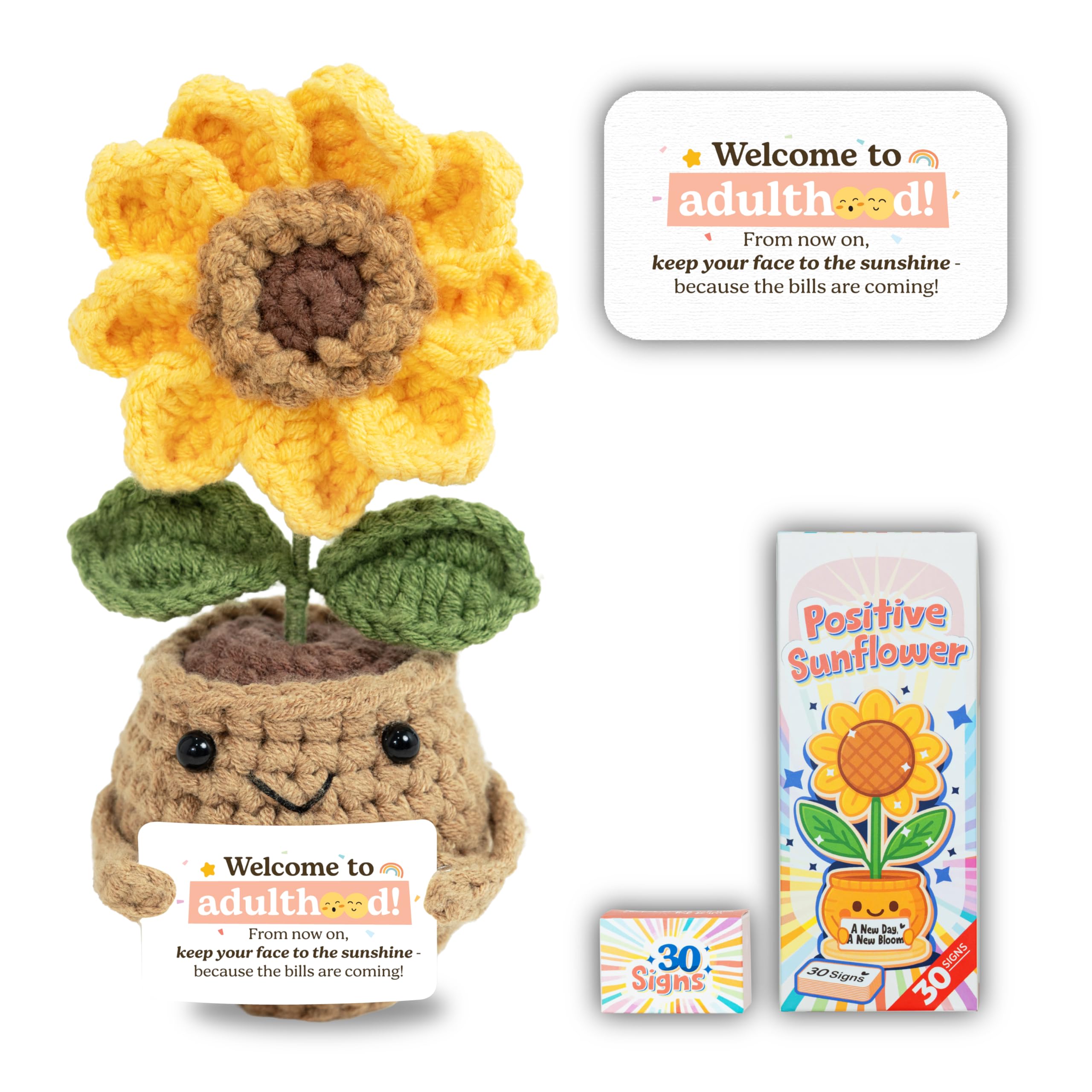 Emotional Support Crochet Sunflower – Handmade with 30 Uplifting Message Cards – Positive, Self-Care &amp; Funny Notes – Desk Decor Gift for 18th Birthday Gifts for Friends, Turning 18 Birthday