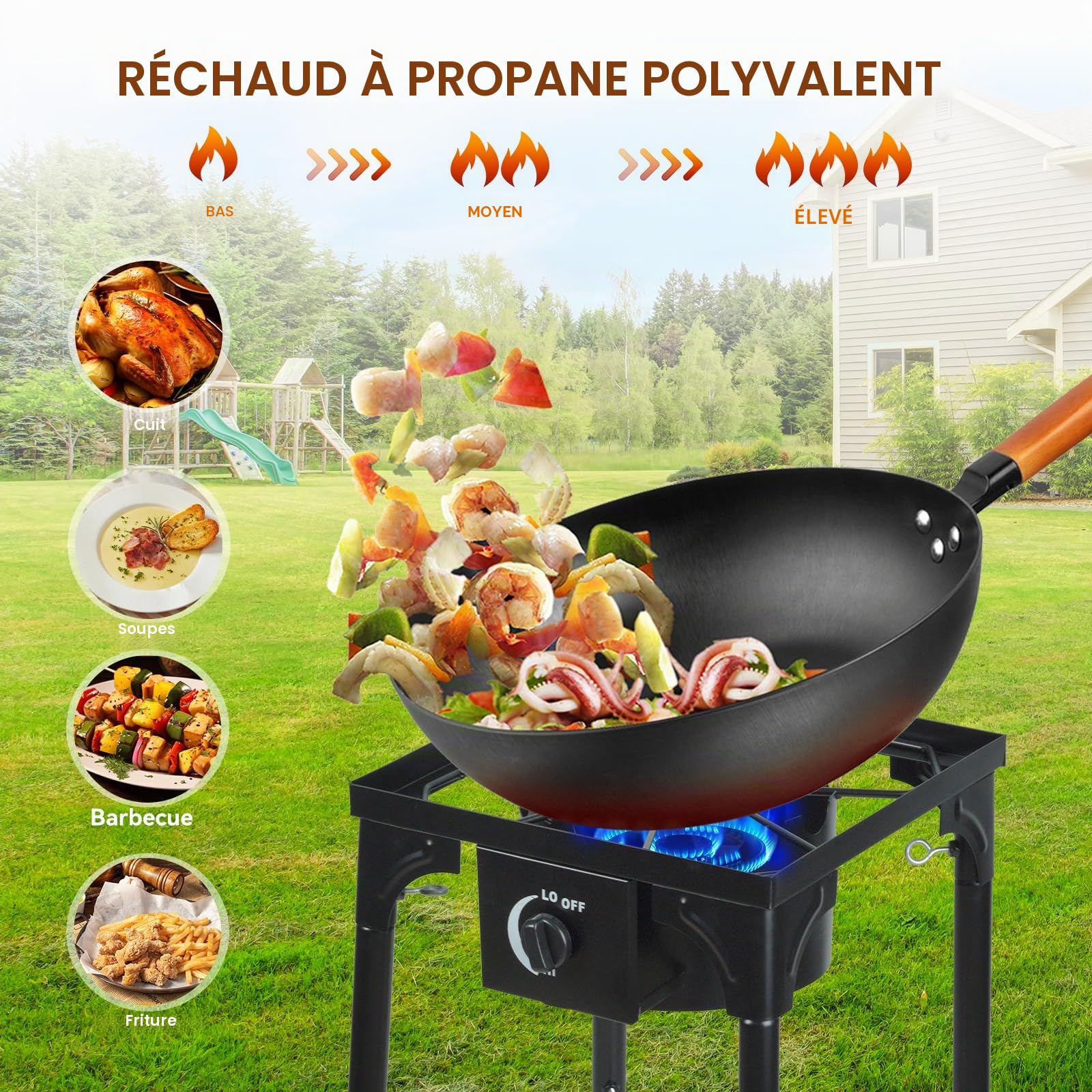 BACOENG Réchaud gaz 10KW avec pieds amovibles trépied extérieur 1.5m tuyau régulateur 50 mbar