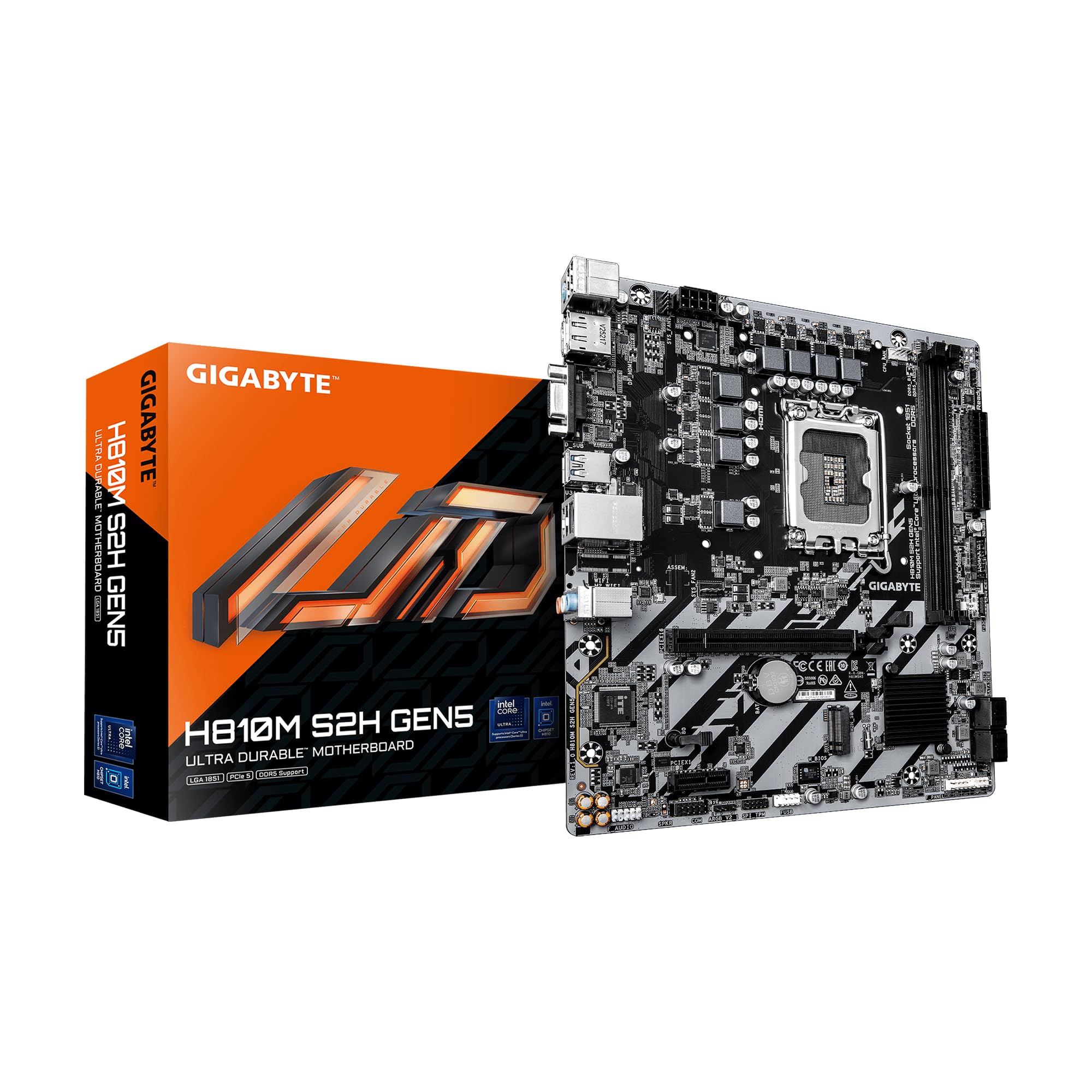 GIGABYTE Scheda madre H810M S2H GEN5 Intel LGA 1851 mATX, supporto Core Ultra (serie 2), DDR5, fase di potenza 4+1+2, PCIe 5.0 x16, 1 M.2, USB 3.2 Gen 1, USB-C 5Gb/s, GbE LAN, blocco PCIe EZ