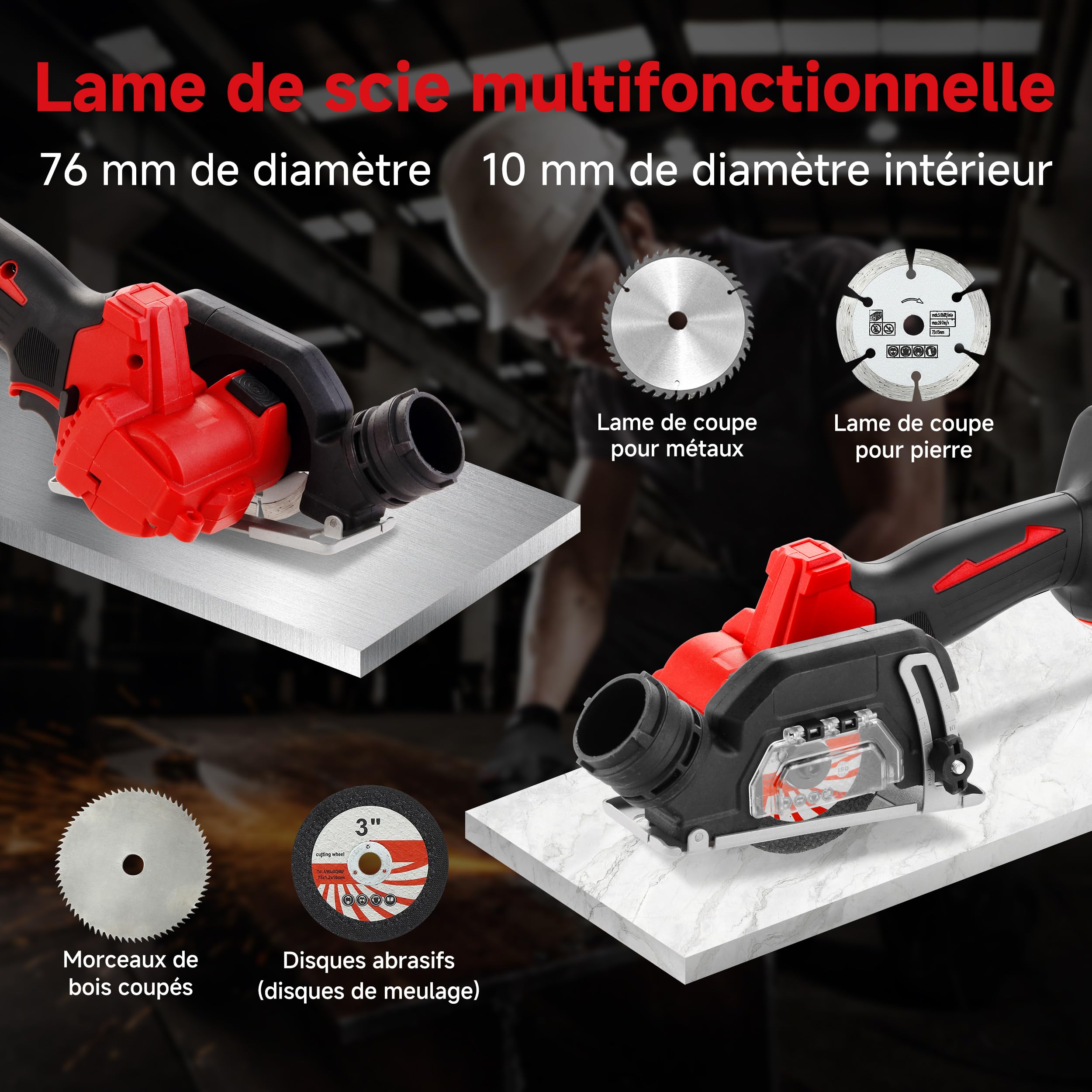 TEENO Scie Circulaire Sans Fil, Coupe Bois et Panneaux, 4 Lames 76mm | 2x4,0Ah Batteries, Compatible Makita Batteries, 20000tr/min, Réglage Profondeur & Biseau 0-45°, Ergonomique, Moteur Brushless