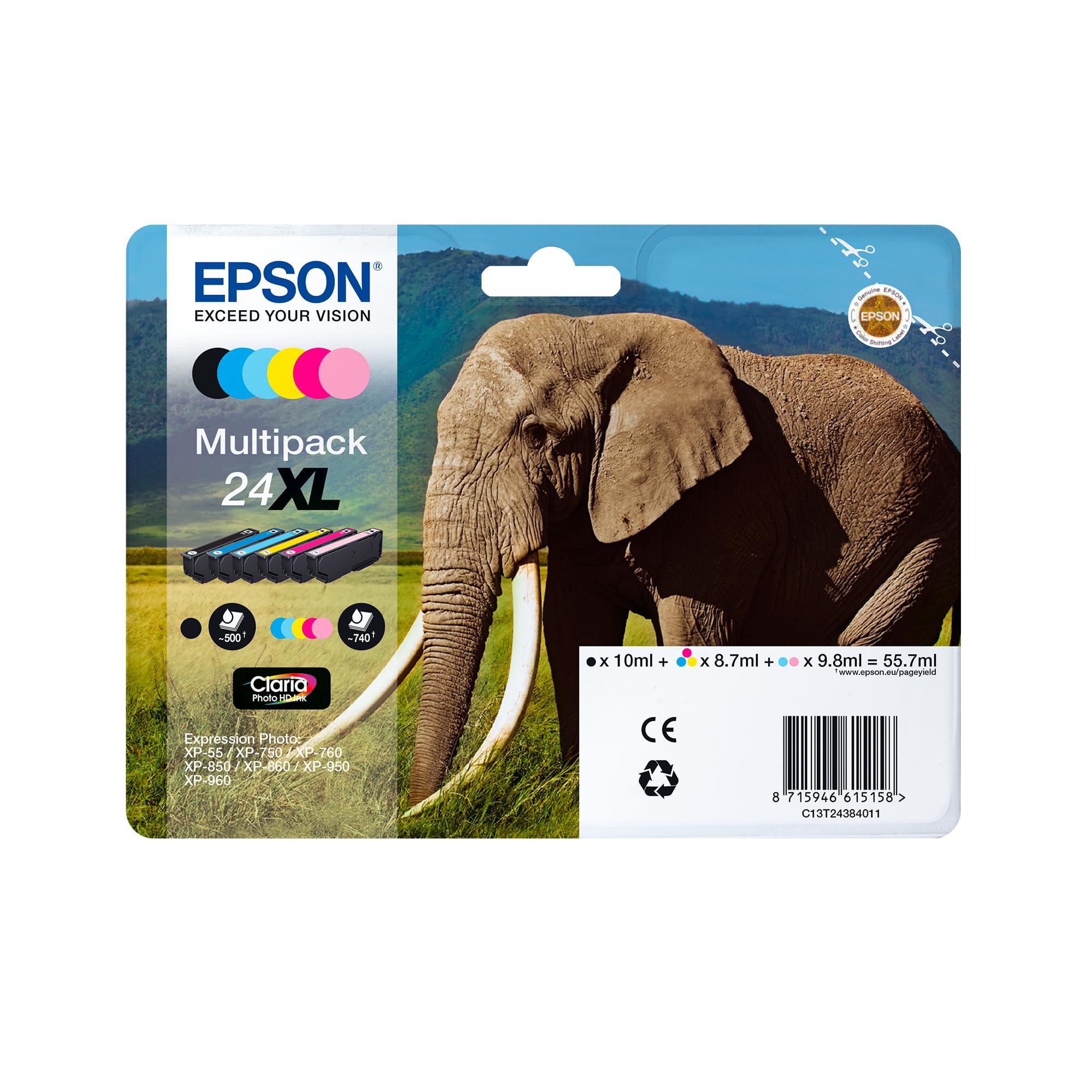 Epson Serie 24 Elefante, Cartucce Getto d'Inchiostro Claria Photo HD, Formato XL per Fotografie Ottime a 6 Colori, Stampa Fino a 740 Foto a Colori