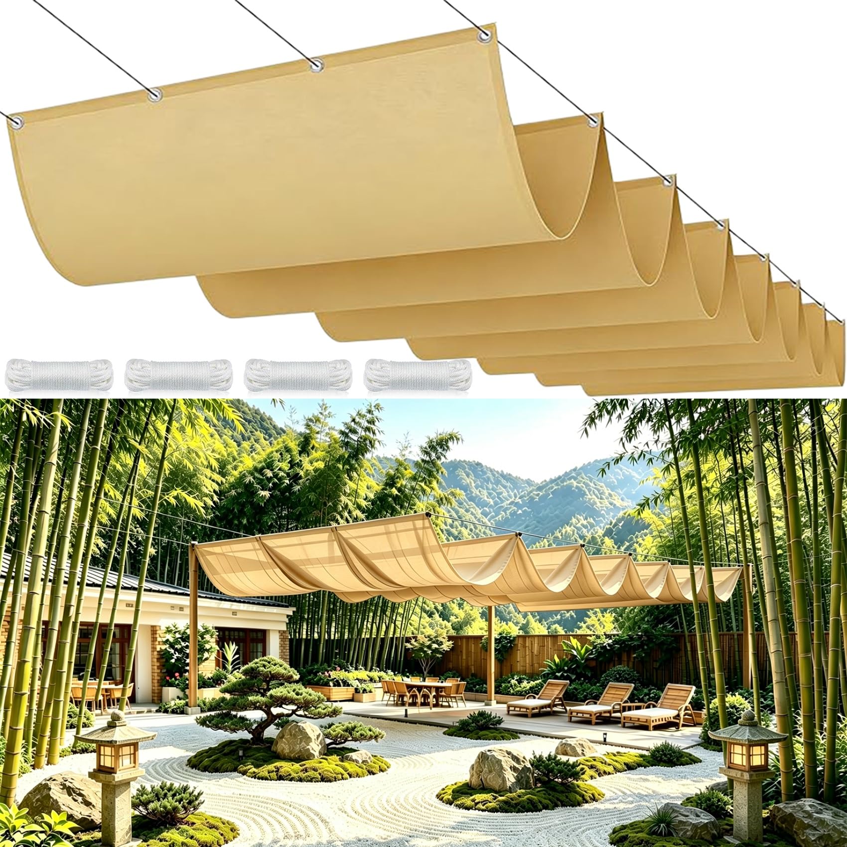 Rozwijana Osłona Do Pergoli 100 x 440 cm Wodoodporny (Filtr UV 98%), Łatwy Montaż, Wiatroodporny, Odporny Na Ciepło Markiza Z Baldachimem Typu Pergola Na Balkon, Do Ogrodu, Piaskowy żółty