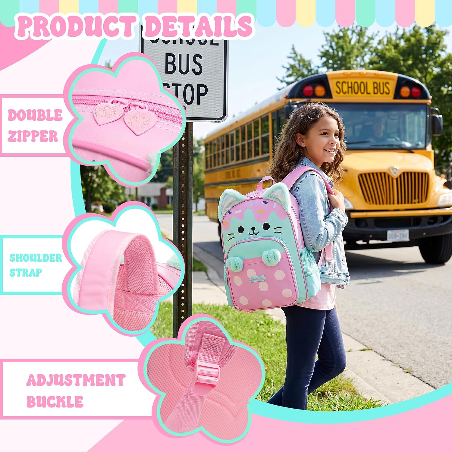 School Backpack for Girls,Cute Cat Kids Bookbag 3PCS Set with Lunch Bag Pencil Case,Elementary Girls Backpack for School,Lightweight Travel Daypack