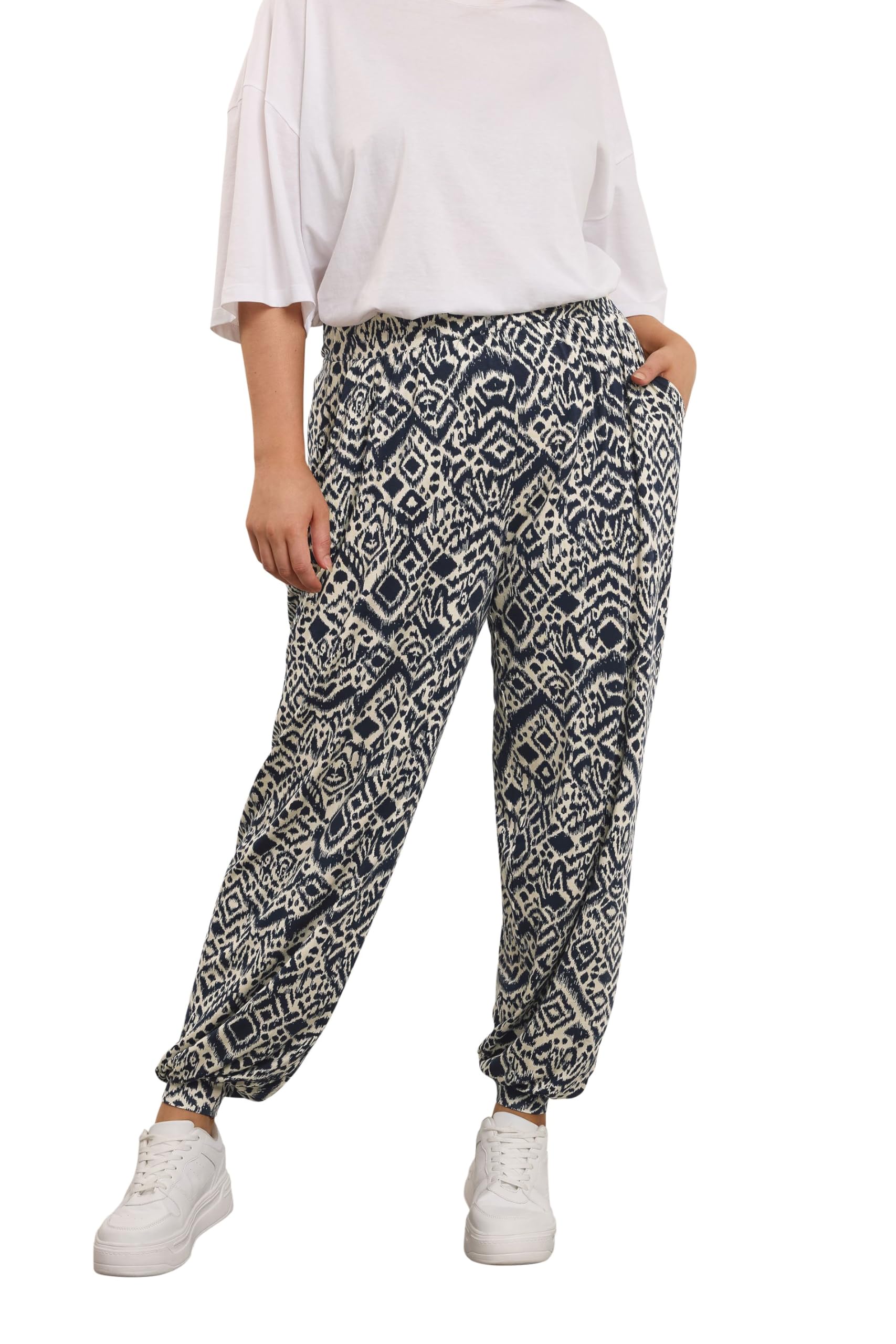 Yours Women's Navy Curve Blue Abstract Cuffed Balloon Trousers - Plus Size Curve