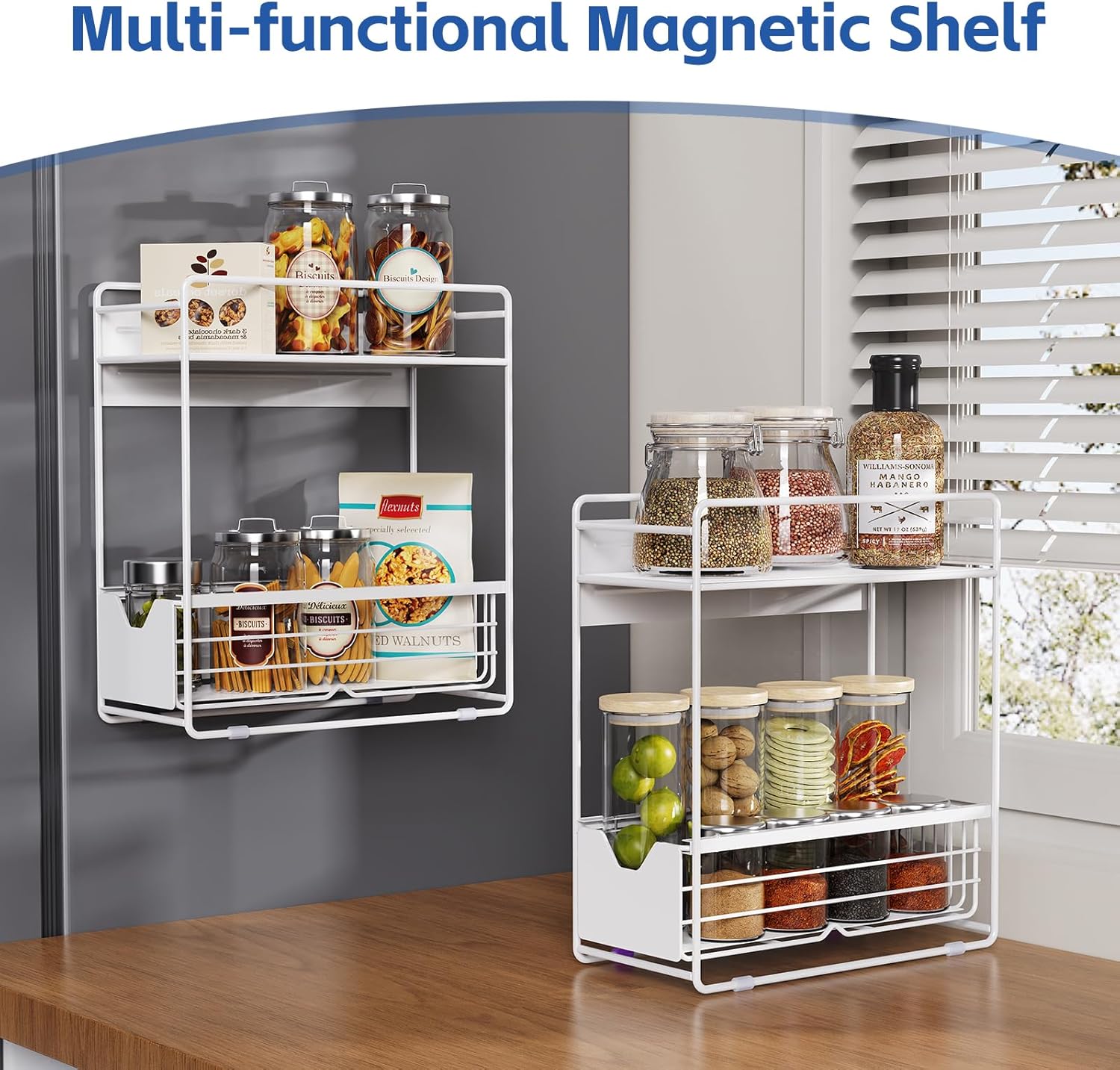 2 Tier Magnetic Shelves for Washing Machine with Pull Out Metal Drawer,Magnetic Spice Rack for Fridge,Magnetic Rack with no Installation, Versatile Storage Organizers for Home (White, 2 Tier)
