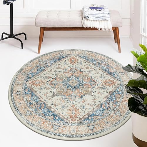 Alfombra redonda lavable de 4 x 4 pies, alfombra circular vintage para entrada de dormitorio, alfombra circular de pelo bajo, alfombra envejecida