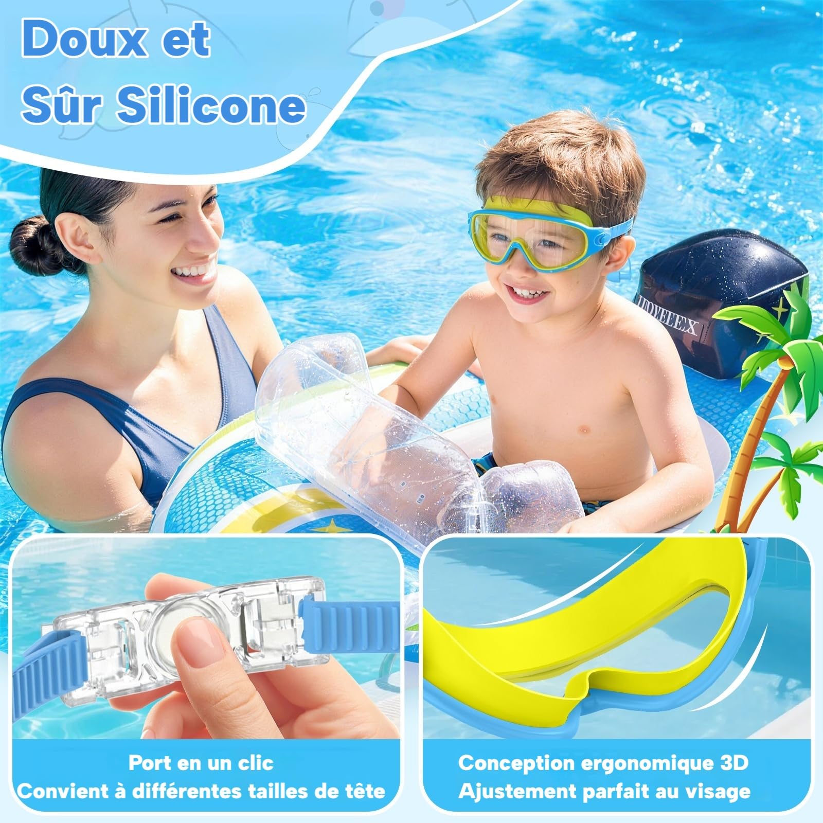 SHINER Lot de 2 Lunettes de Natation Enfants, Grand Champ de Vision HD 180°, Anti-Buée & Protection UV, Silicone Doux Réglable,avec Bouchons d’Oreilles & Pinces-Nez