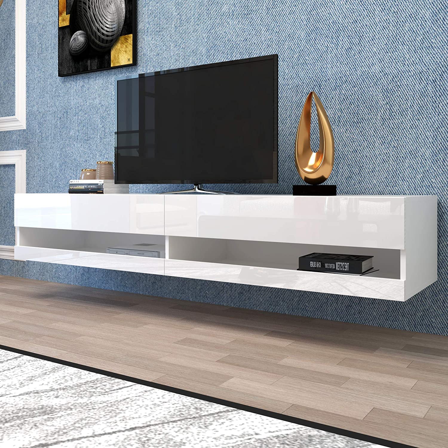 OKMYHOME Nowoczesna wisząca szafka pod telewizor i stolik kawowy z diodami LED, szafka pod telewizor ze schowkiem i obrotowym kwadratowym stolikiem kawowym, płytami MDF i płytami wiórowymi, biały, 140