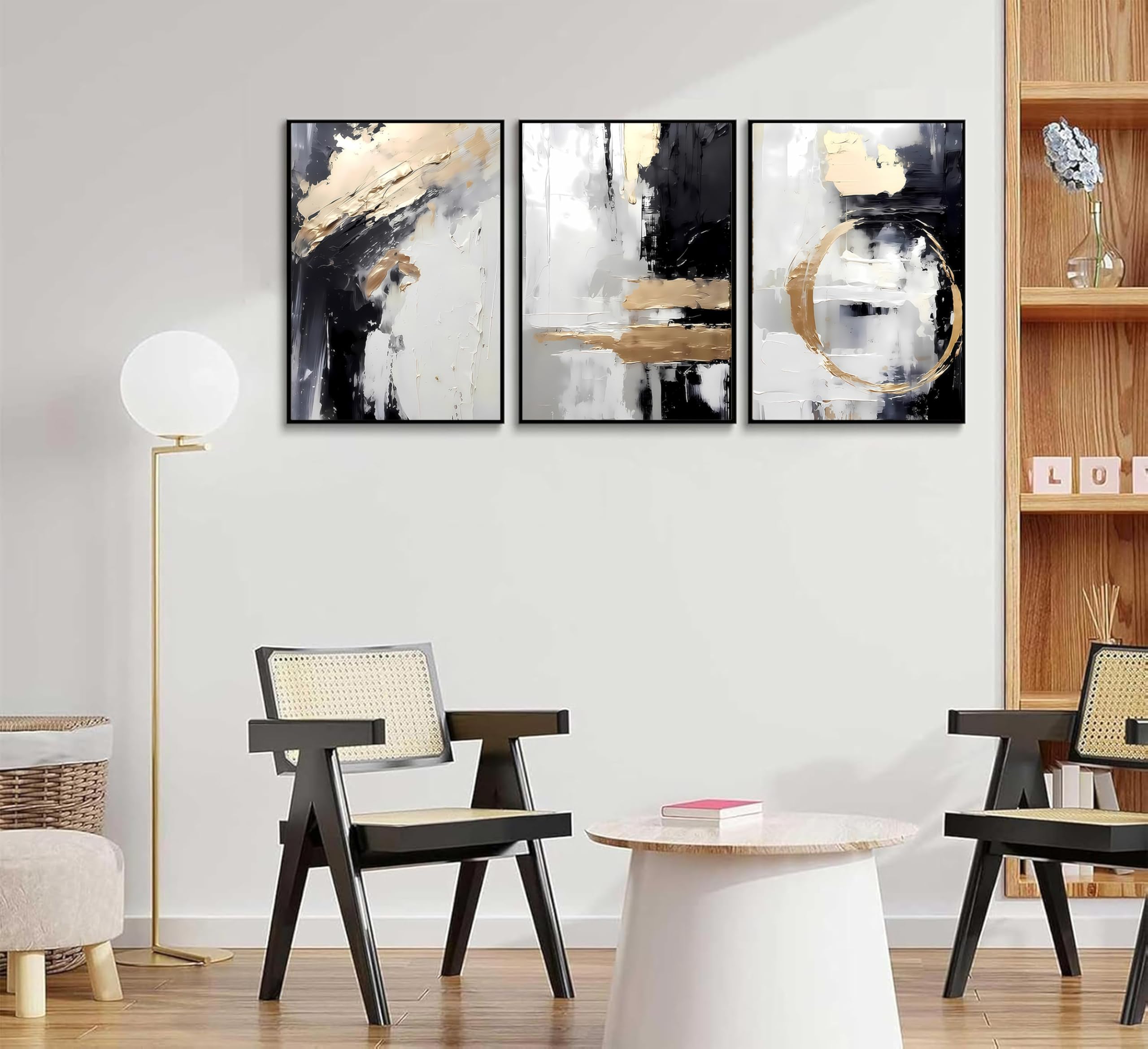3-teiliges Set Leinwandbilder in Schwarz und Gold mit abstrakten geometrischen Texturen und Stuckoptik, modernes, minimalistisches Beige für Wohnzimmer, Schlafzimmer und Badezimmer