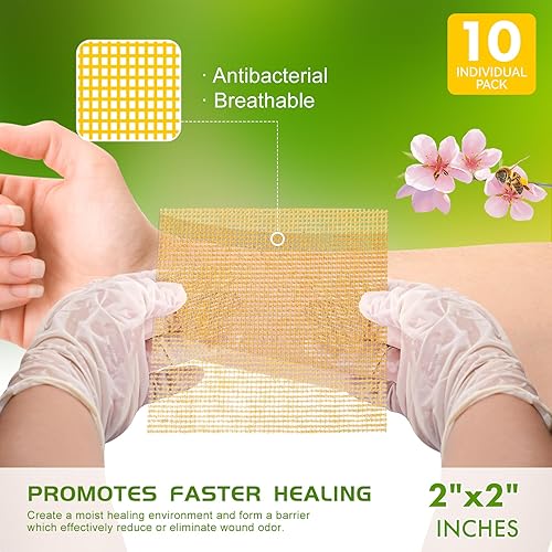 Miniatura 9 de Aderezo de gasa de miel de Manuka de 4 x 4 pulgadas (paquete de 10), vendaje de miel de Manuka para el cuidado de heridas para cortes, escaldaduras