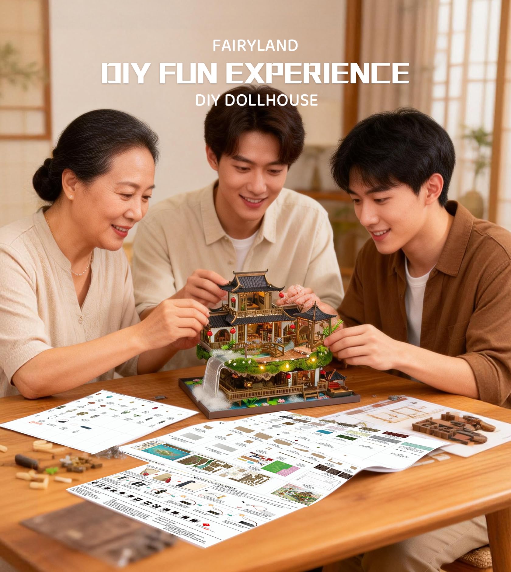 Roroom Miniatur Haus, Sakura Garten Puppenhaus aus Holz | mit warmem LED-Licht und Musikbox, 3D Holzpuzzle Bastelset für Zimmer Deko, kreatives Geschenk für Bastelfans