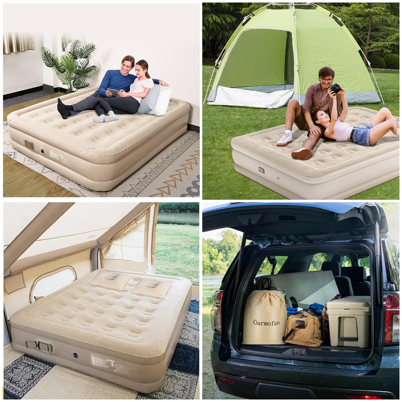 Charmofun Colchón Hinchable Matrimonio, Cama de Aire con Bomba Eléctrica, Colchón Inflable Rápido en 3 Minutos, Cama Hinchable 200×154×43cm Autohinchable para Camping O Uso DoméStico