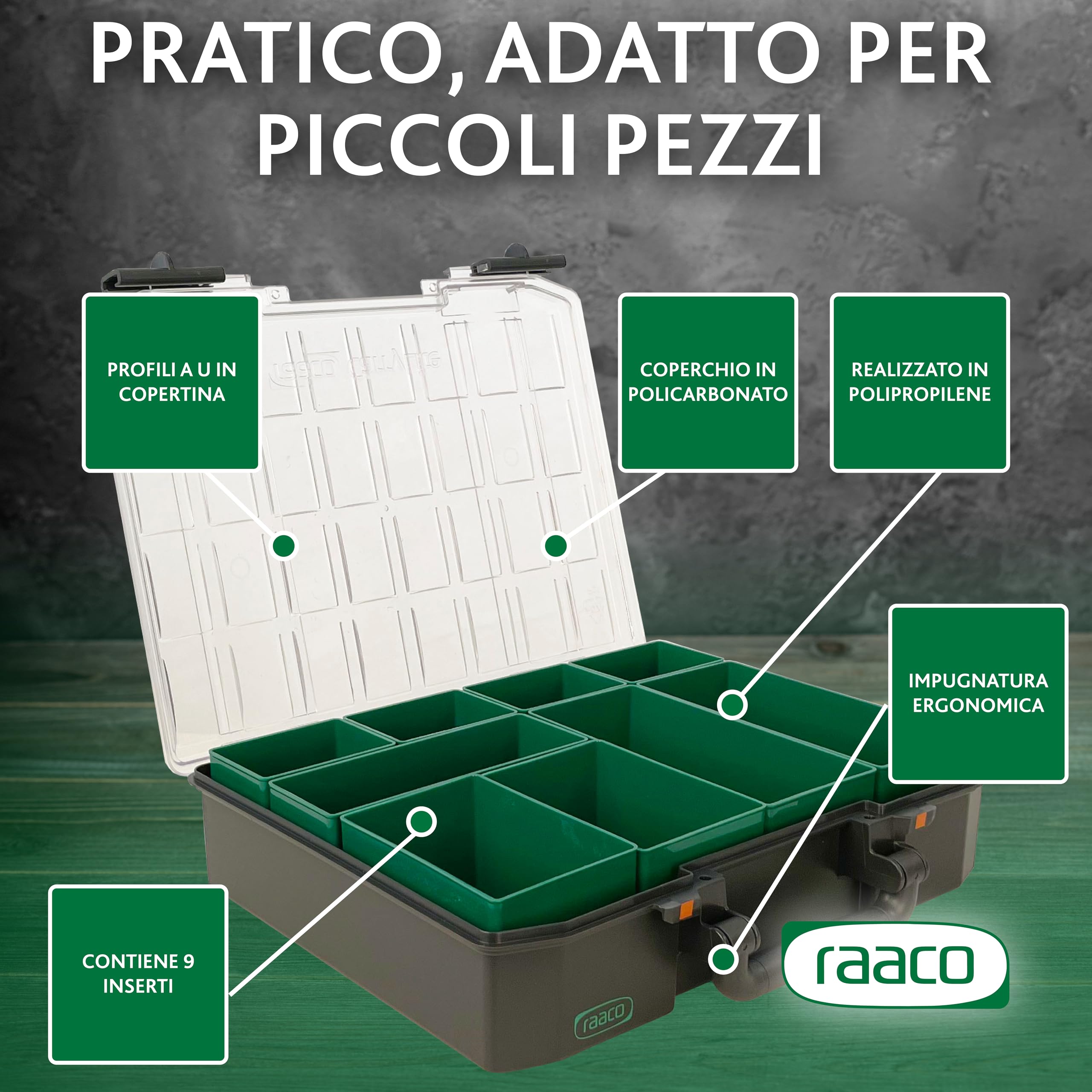 raaco CarryLite 80 4x8-9: Premium Scatola Porta Minuteria per Officina, 9 Scomparti, Cassetta Porta Minuteria, Capacità di Carico 10 kg, Coperchio Trasparente, 27,8 x 33,7 x 7,9 cm