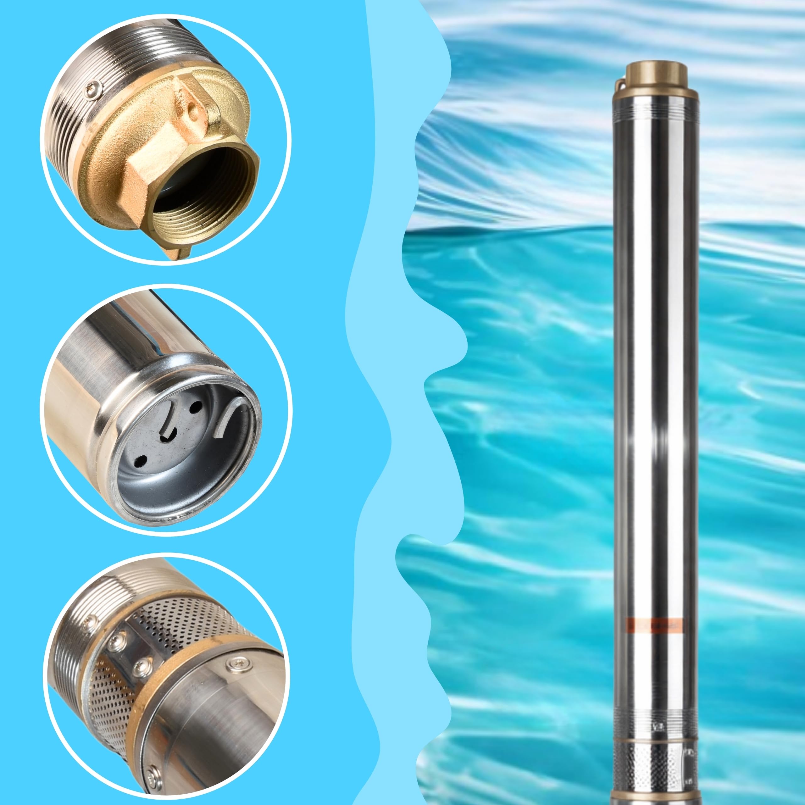 Pompe Immergée pour Puits 3.5" 4/15 (1100W 7200 l/h hauteur max 81m) - Compatible avec le Sable - Pompe à Eau Profond en Acier Inox - Pompe de Puits Submersible Usage Domestique Agricole Industriel