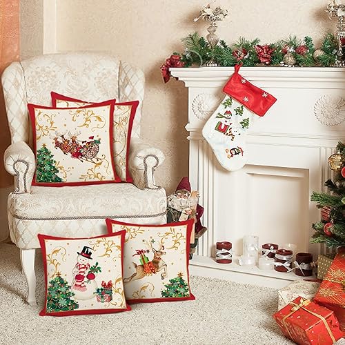 Miniatura 3 de Bonhause Juego de 4 fundas de almohada de reno de Navidad de 18 x 18 pulgadas, cascanueces de Papá Noel, muñeco de nieve, almohadas decorativas para