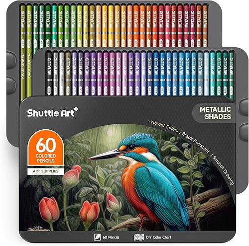 Shuttle Art 60 lápices de colores metálicos, lápices de colores para adultos, lápices de colores de núcleo suave en caja de lata de regalo, lápices