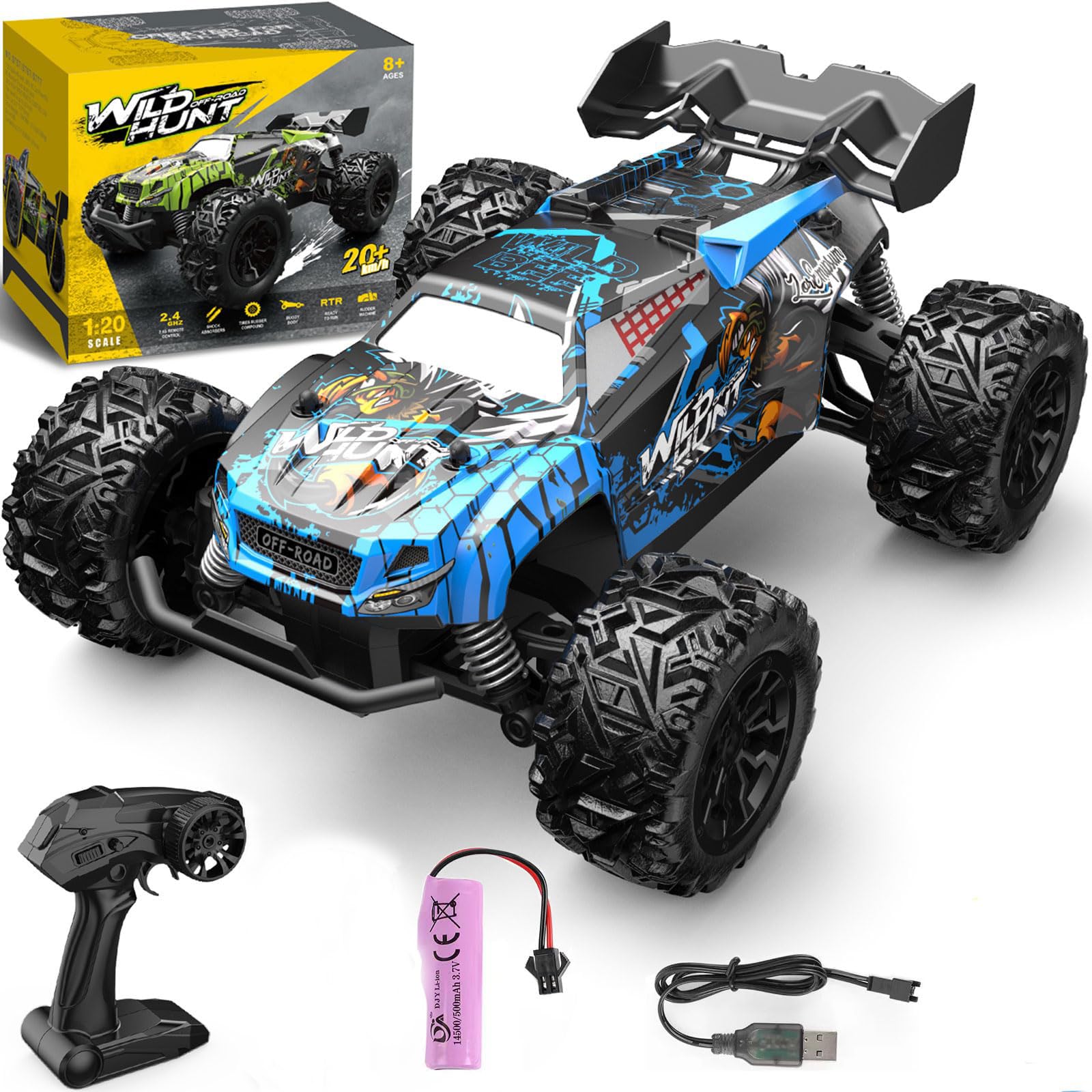 1/20 All Terrain RC Car, 20+KMH Monster Truck, 2.4Ghz Off-Road RC Vehicle with 1 Batteries, Suitable for Adults and Beginners, for Boys and Girls (Blue)