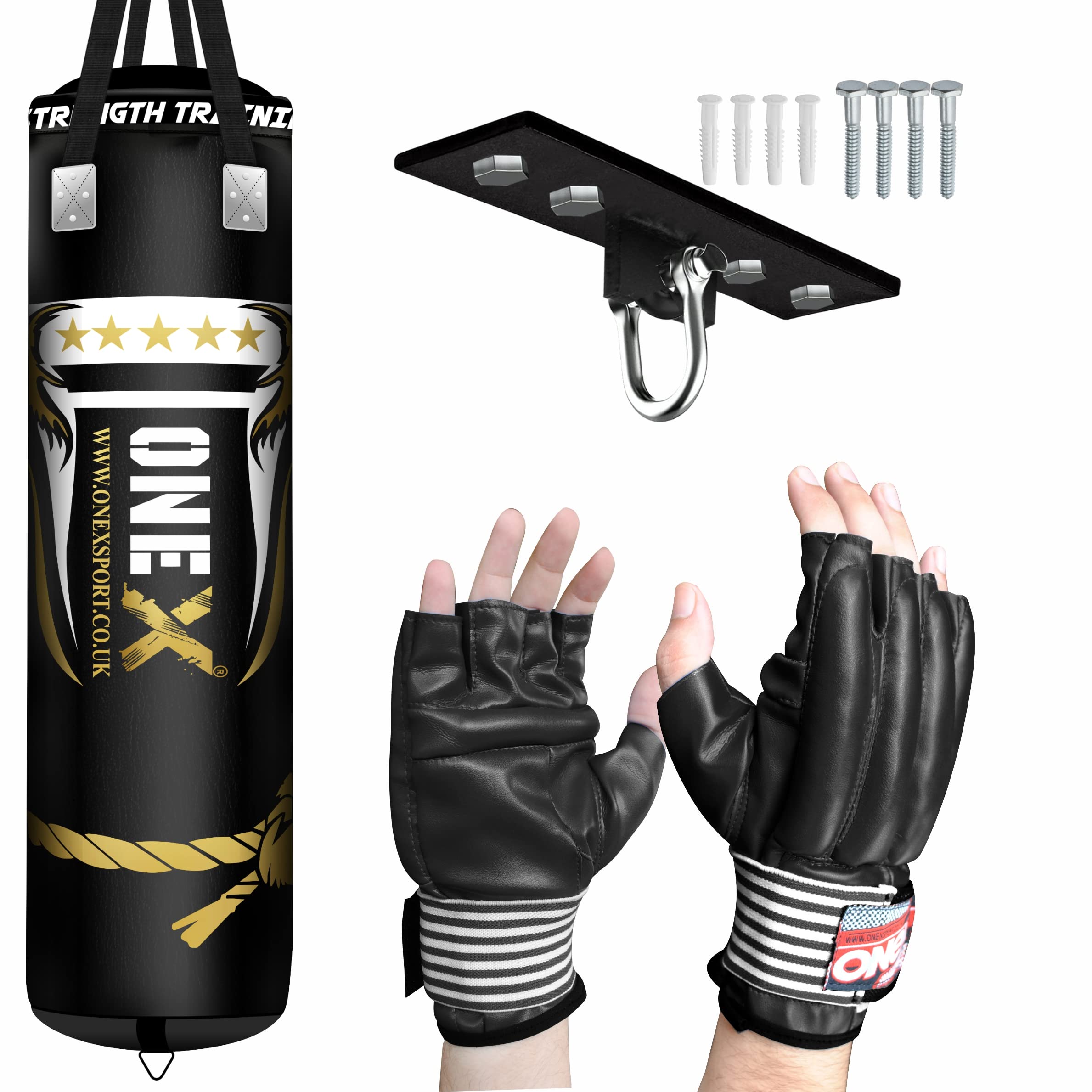 Boxing Punch Bag Set 5ft Filled – Heavy Duty Training Bag with Wall Bracket & Gloves – Home Gym Kickboxing MMA Muay Thai Karate Fitness for Adults(5ft with ceiling Hook+Cutts Finger)
