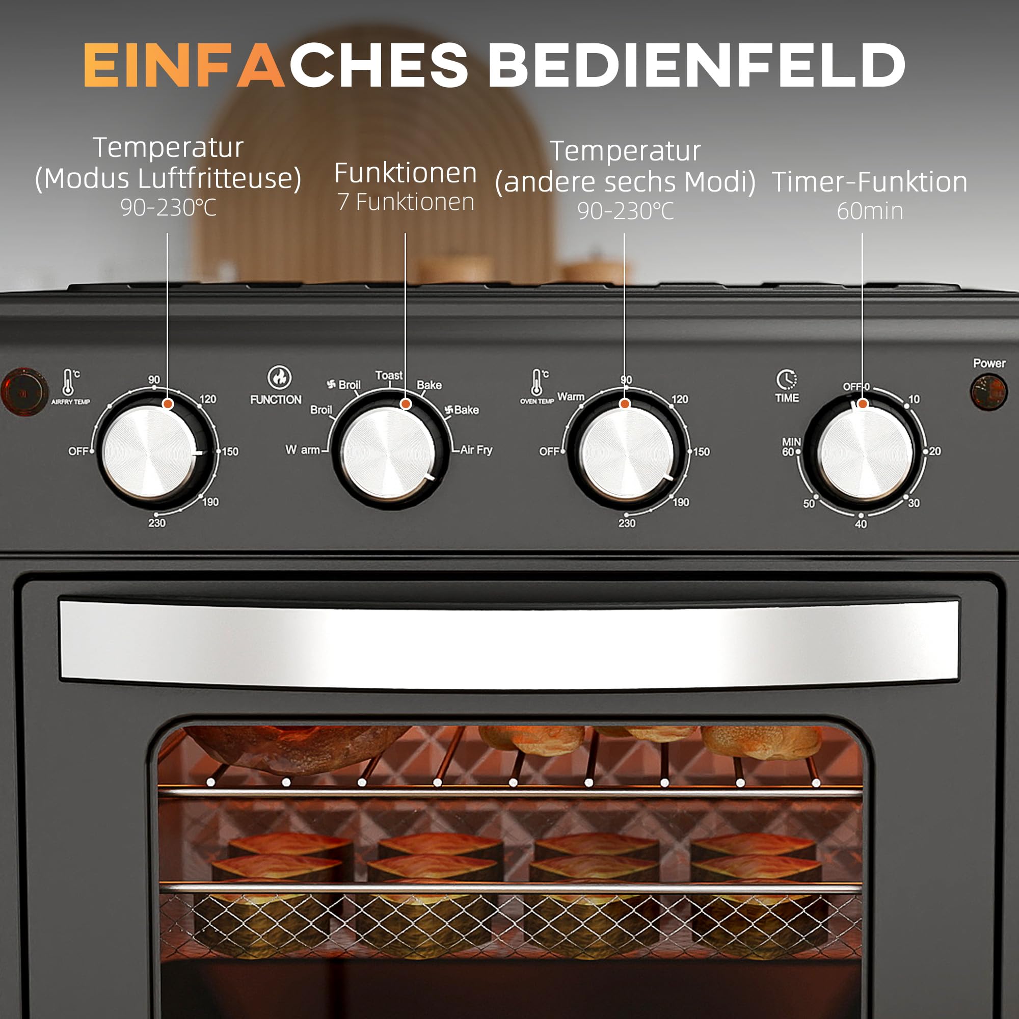HOMCOM Horno Eléctrico Multifunción de Sobremesa Mini Horno Tostador de 30L 1600W Freidora de Aire con 7 Modos de Calor Temporizador y Temperatura Regulable 43x39x39 cm Negro