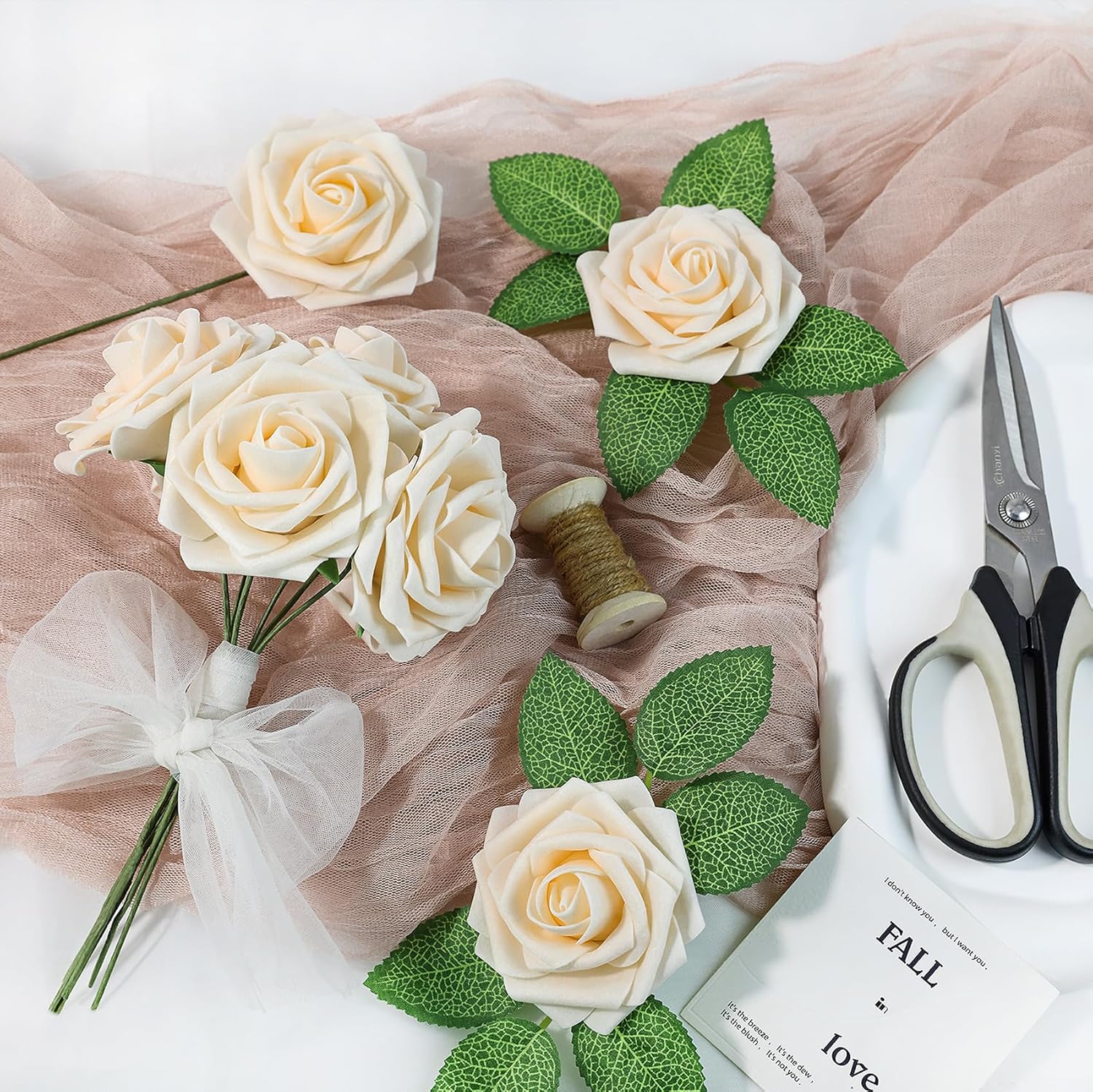 Meldel Artificial Flower 25pcs Real Touch Champagne Rose Fake Foam Roses with Stems for DIY Wedding Bouquets Gifts Bridal Shower Faux Floral Centerpieces Arrangements Home Party Tables Decorations - Image 2