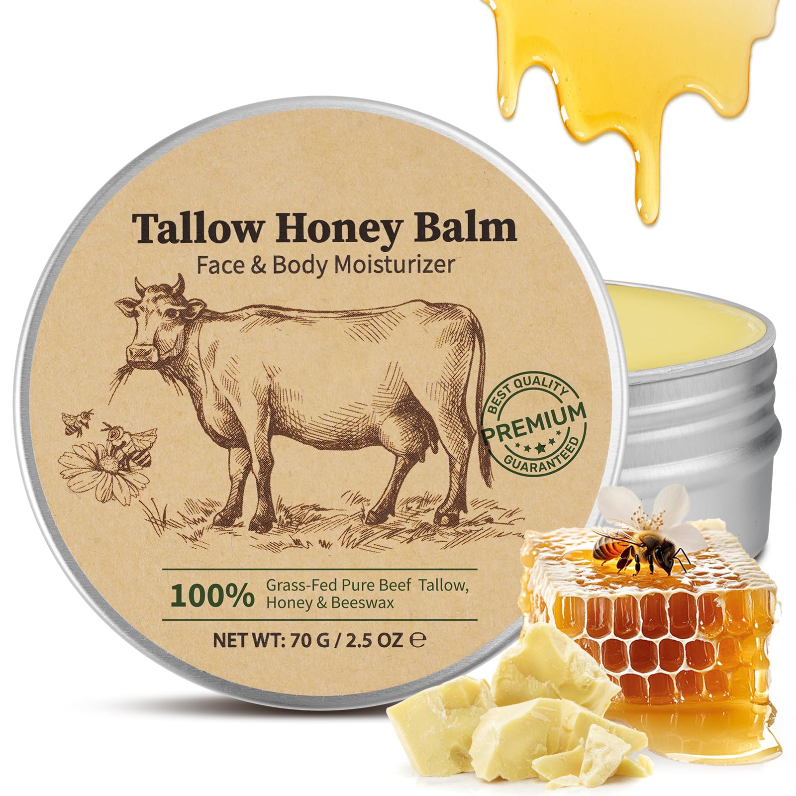 Beef Tallow Skin Care, 70g Tallow Face Cream Moisturiser, 100% Natural Tallow and Honey Cream for Face, Body, Hands, Deeply Nourishing Organic Grass-Fed Tallow Balm, Anti-Aging Skincare[Amazon-developed Certification] Compact by Design
