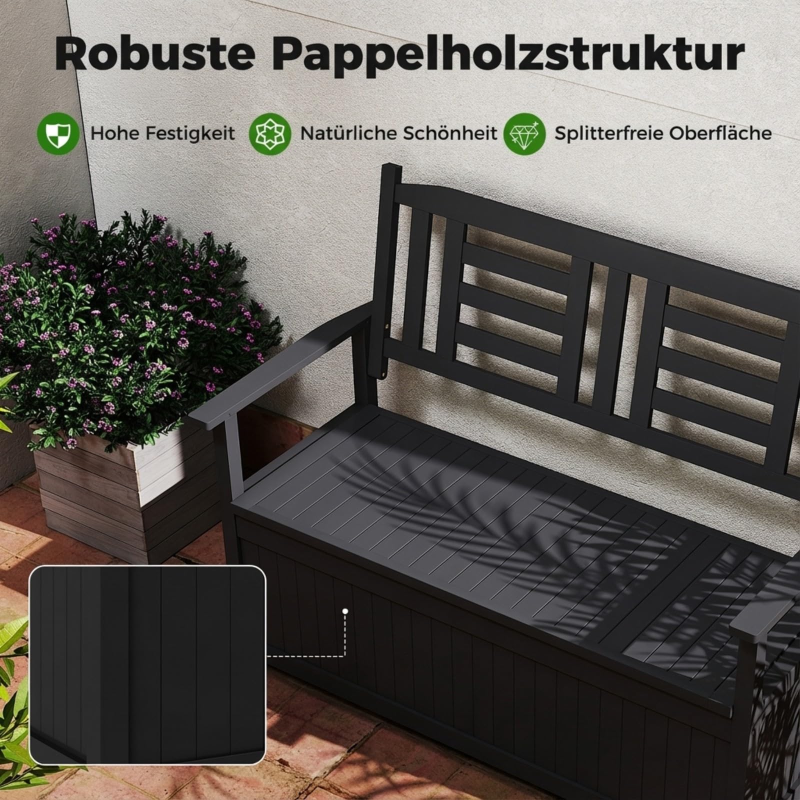 COSTWAY Gartenbank Holz mit Stauraum, wetterfeste Truhenbank, 2-Sitzer Holzbank mit integrierter Kissenbox, Balkonbank, Sitzbank für Garten, Balkon, Terrasse, 123 x 68,5 x 96 cm (Schwarz)