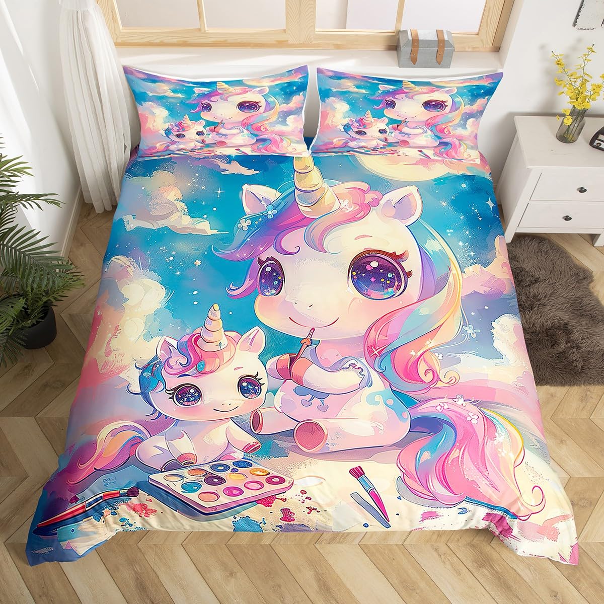 Feelingyou Women's Pink Blue Purple Unicorn Duvet Cover Set Super King Size,Cartoon Animal Painting Theme Dreamy Princess Bedding Set,Adults Men Room Decor,Watercolor Blue Sky Fantasy Starry Quilt Cover,No Comforter