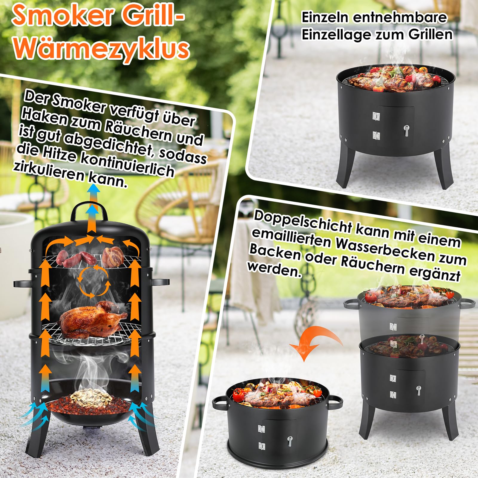 TLGREEN 3 w 1 Wędzarnia, Grill z Pokrywką, Termometr, 2 Ruszty ze Stali Nierdzewnej, 2 Emaliowane Tacki na Wodę, Beczka Wędzarnicza z Uchwytem, BBQ Smoker, Grill Węglowy, do Wędzenia i Grillowania