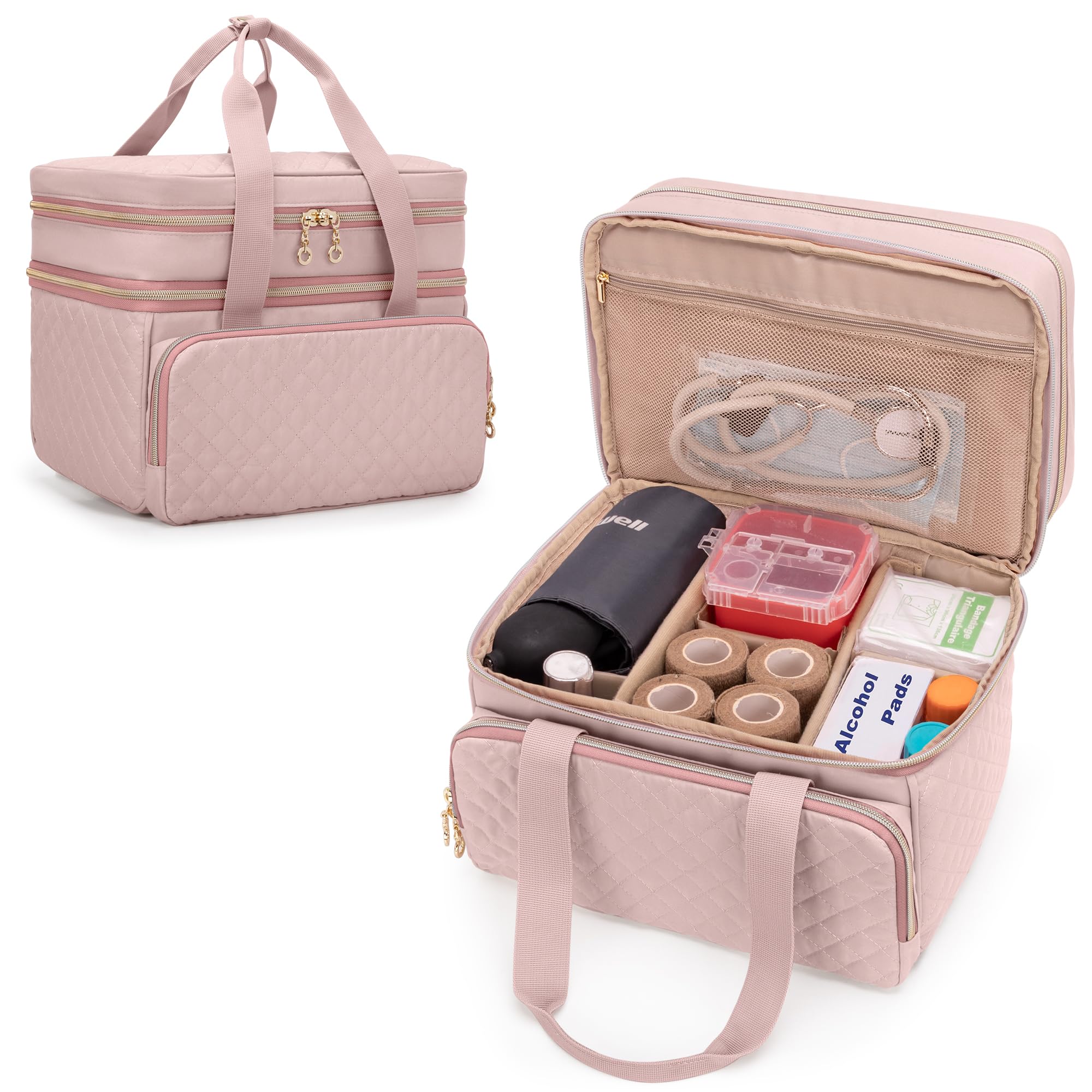 Yarwo Pill Bottle Organizer Empty Double Layers Medicine Travel Storage Bag with 5 Customized Dividers and Lockable Zippers