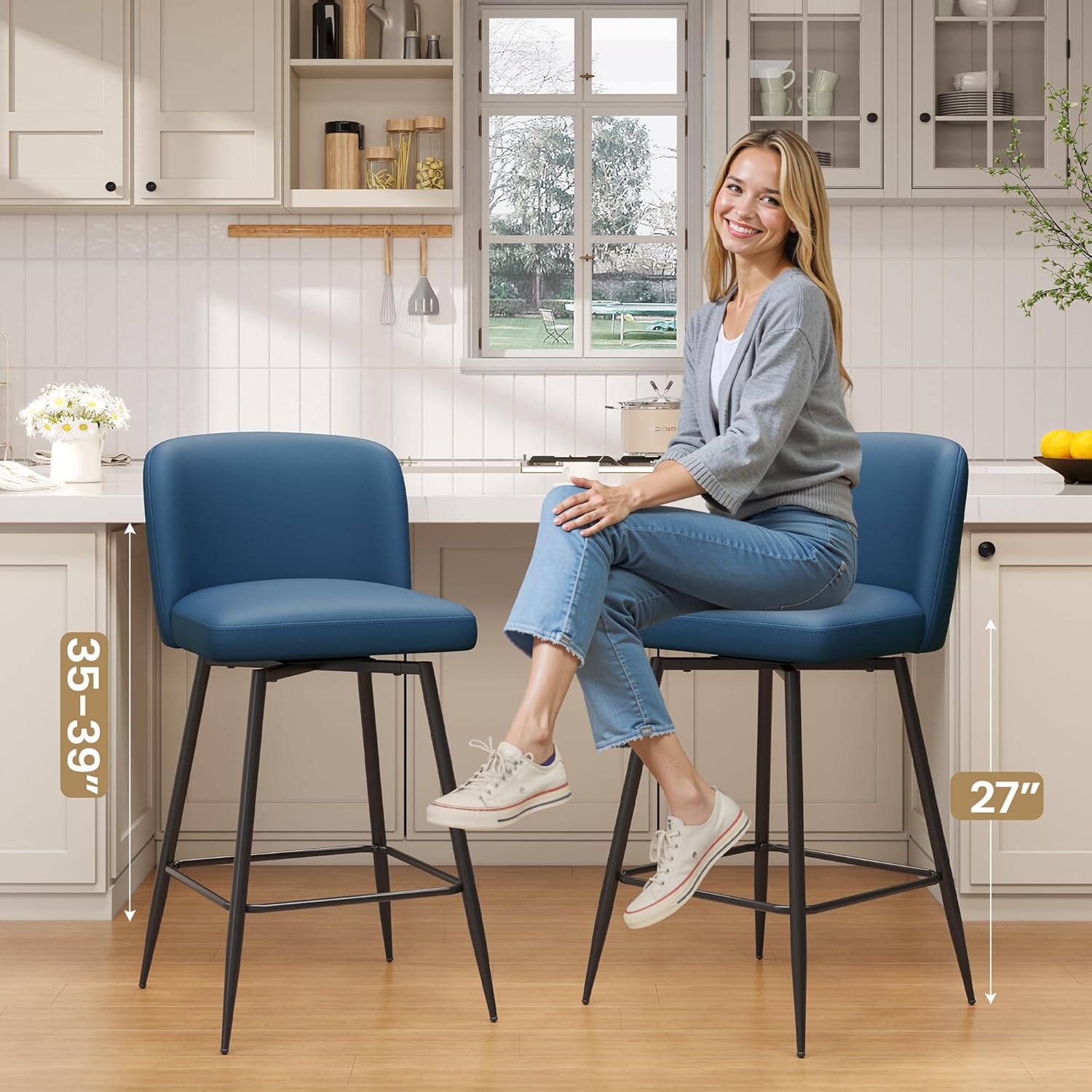 Pellebant 27 Inch Swivel Bar Stools Set of 2 Counter Height Barstools with Back Faux Leather Kitchen Island Chairs for Home Counter Kitchen and Dining Room Furniture, Blue