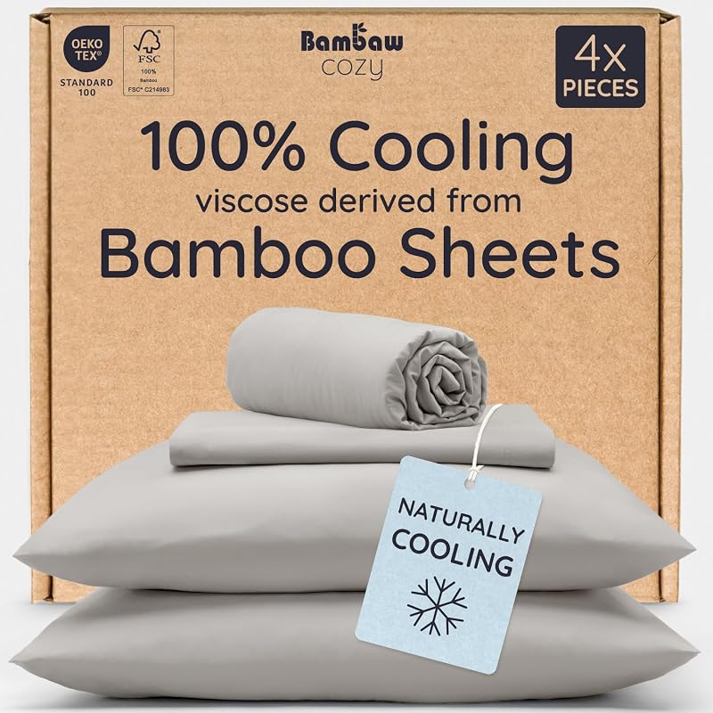 Bambaw California King Sheet Set 4pcs – 100% Viscose Derived from Bamboo Deep Pocket Sheets, Fits Up to 16'' Mattresses, Cooling Bed Sheets California King, Soft Bedsheets (Moonlight Gray)