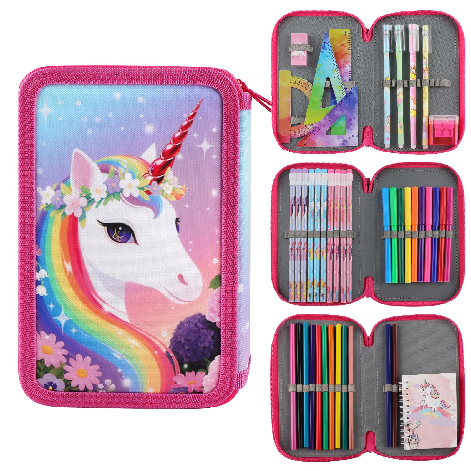 44 Teilen Federmäppchen Einheorne Set Einhorn Federmäppchen 3 Fächer Große Kapazität Mäppchen Mädchen mit Lineal,Wasserfarben,Federtasche Geschenk für Schule Kinder