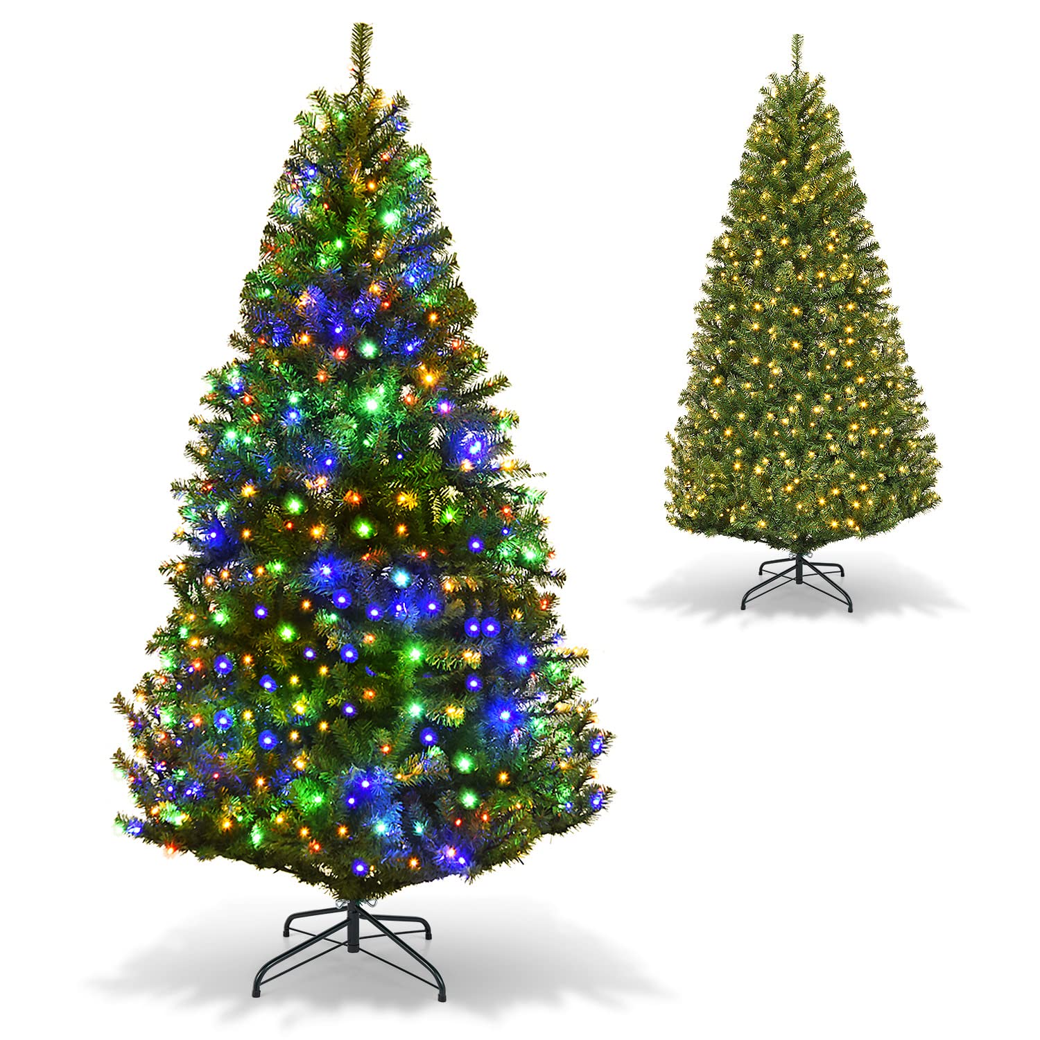 COSTWAY Albero di Natale 120/150/180/210 cm, Albero di Natale con Luci Incorporate 11 Modalità di Illuminazione, 300/600/1000/1570 Rami e Base in Metallo, Perfetta per Casa e Negozio (180cm)