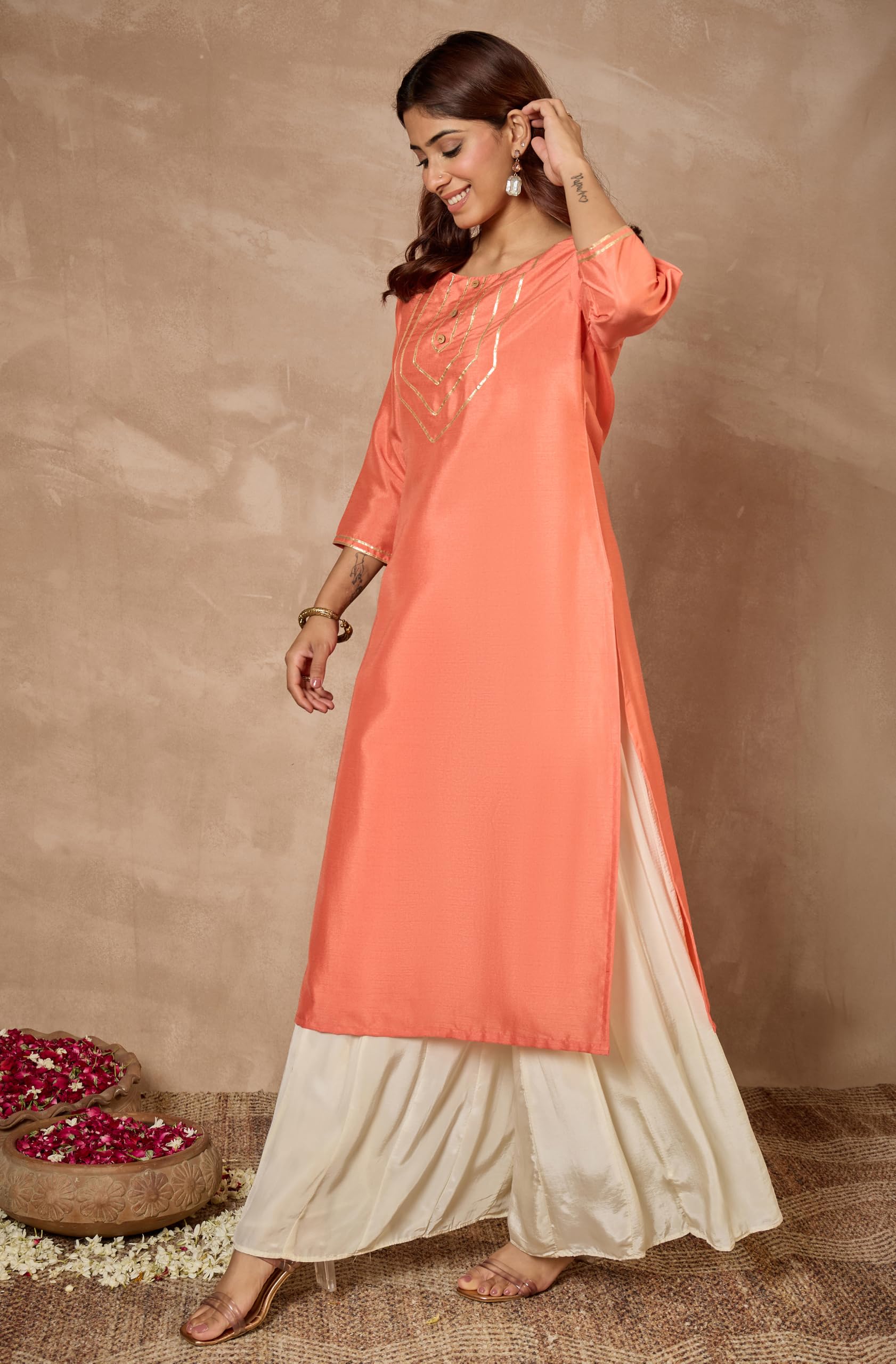 Janasya Women's Peach Silk Blend Solid Straight Kurta product image 4
